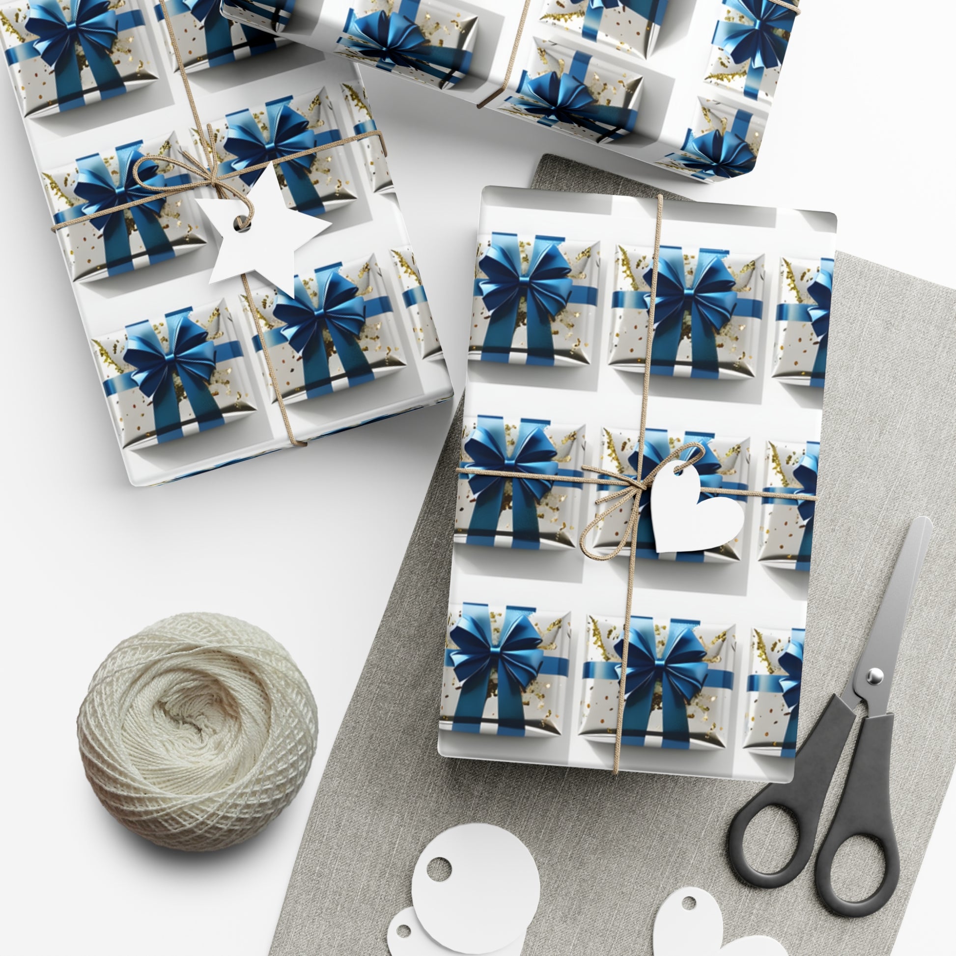 Wrapping Paper, Elegantly Wrapped Gifts On White Background with Blue Bows, Christmas Wrapping, Gift Packaging, Festive Decor, Holiday Gift