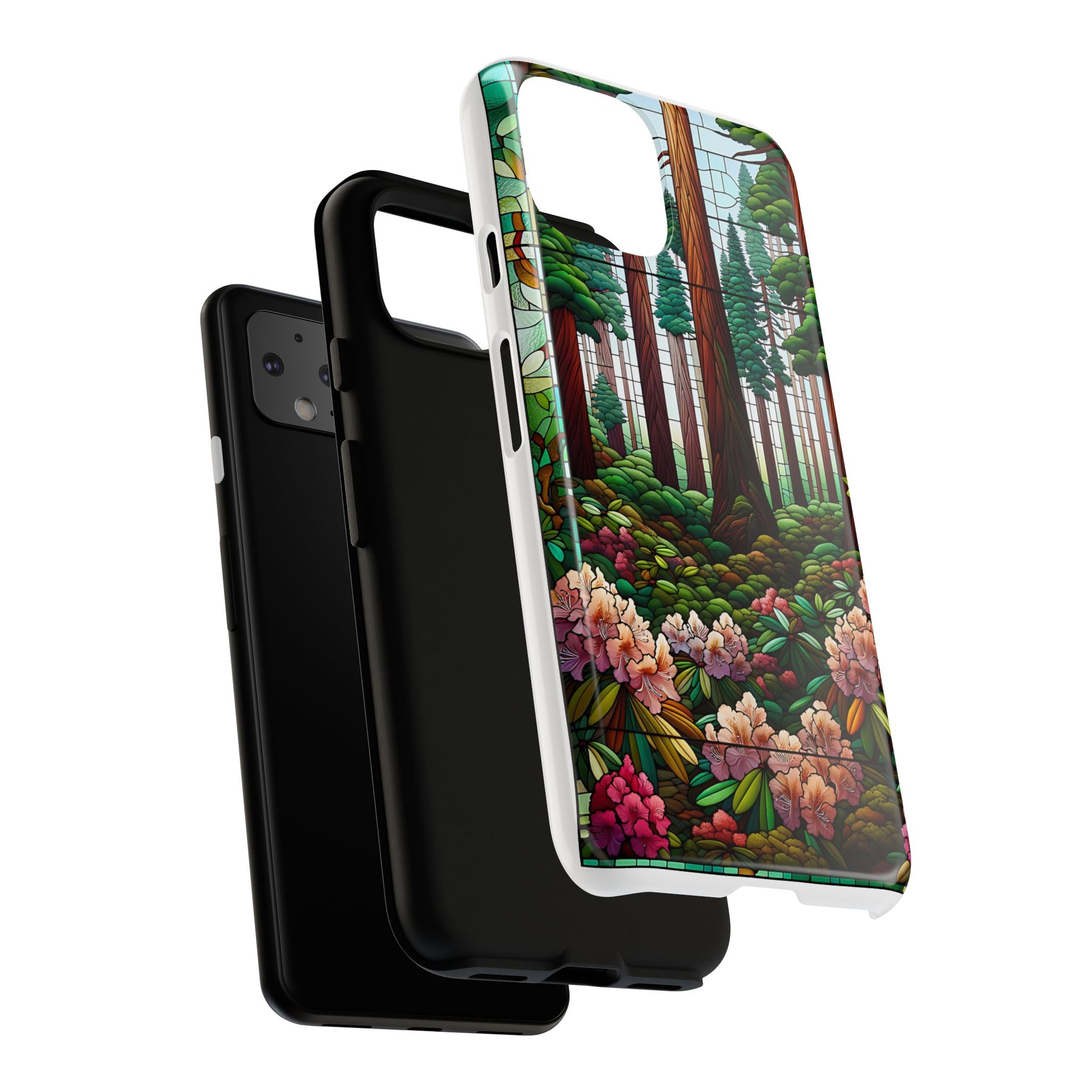 Nature Inspired Tough Cases - Redwood Trees & Rhododendrons Stained Glass iPhone Cover, Protective Phone Shell, Unique Samsung Galaxy Case,
