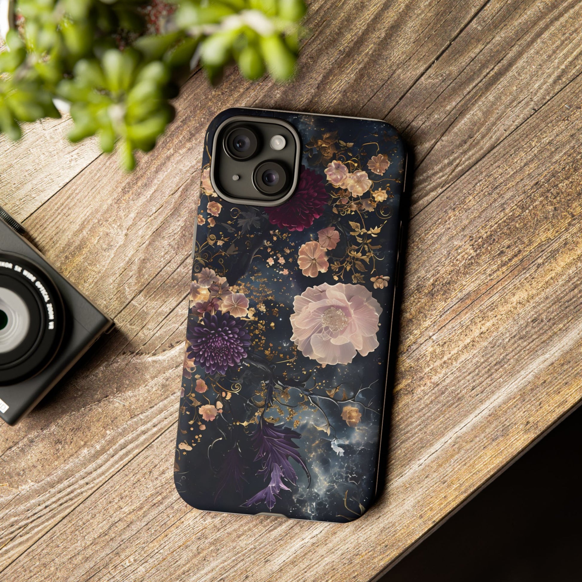 Phone Case, Whimsical Floral Pattern Against Cosmic Nebulous Background. Galaxy, Space, Tough Protective Cover, Unique Gift, Trendy