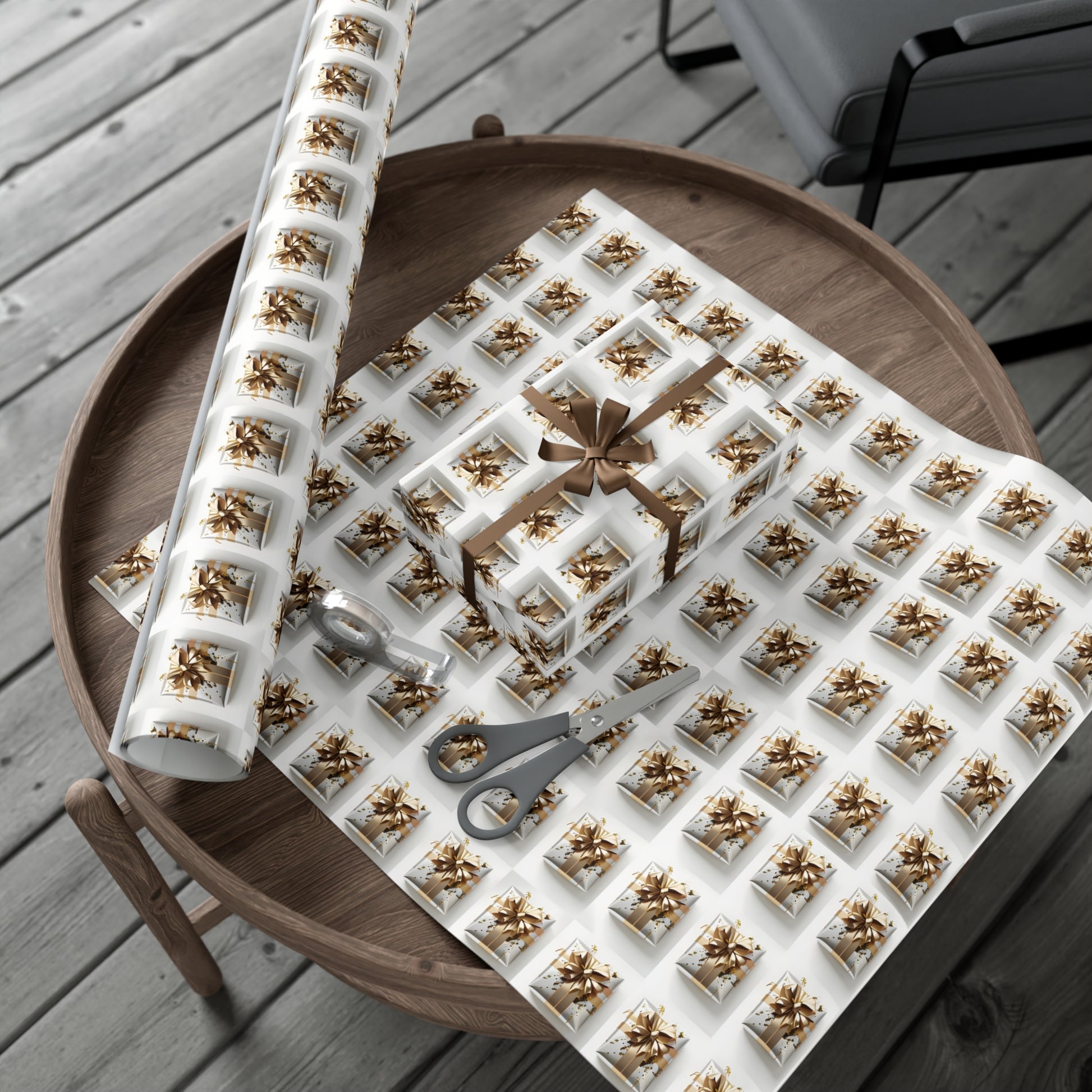 Wrapping Paper, Elegantly Wrapped Gifts On White Background with Gold Bows, Christmas Wrapping, Gift Packaging, Festive Decor, Holiday Gift