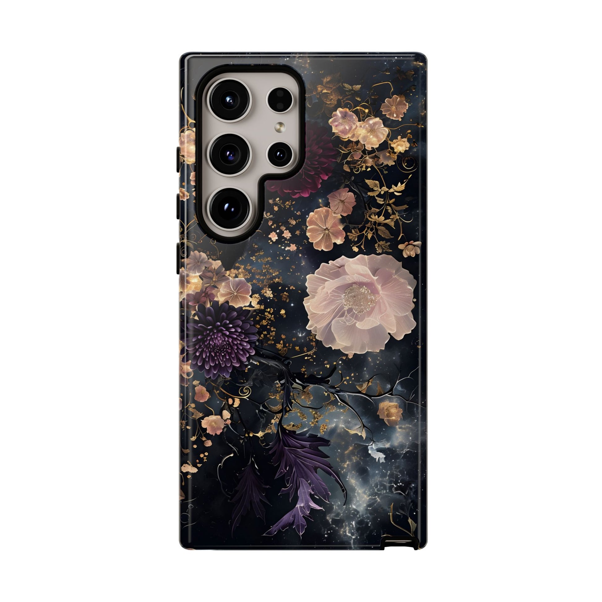 Phone Case, Whimsical Floral Pattern Against Cosmic Nebulous Background. Galaxy, Space, Tough Protective Cover, Unique Gift, Trendy