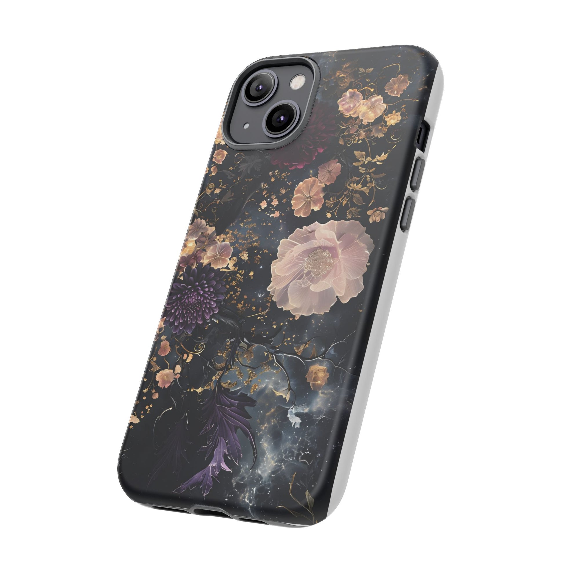 Phone Case, Whimsical Floral Pattern Against Cosmic Nebulous Background. Galaxy, Space, Tough Protective Cover, Unique Gift, Trendy