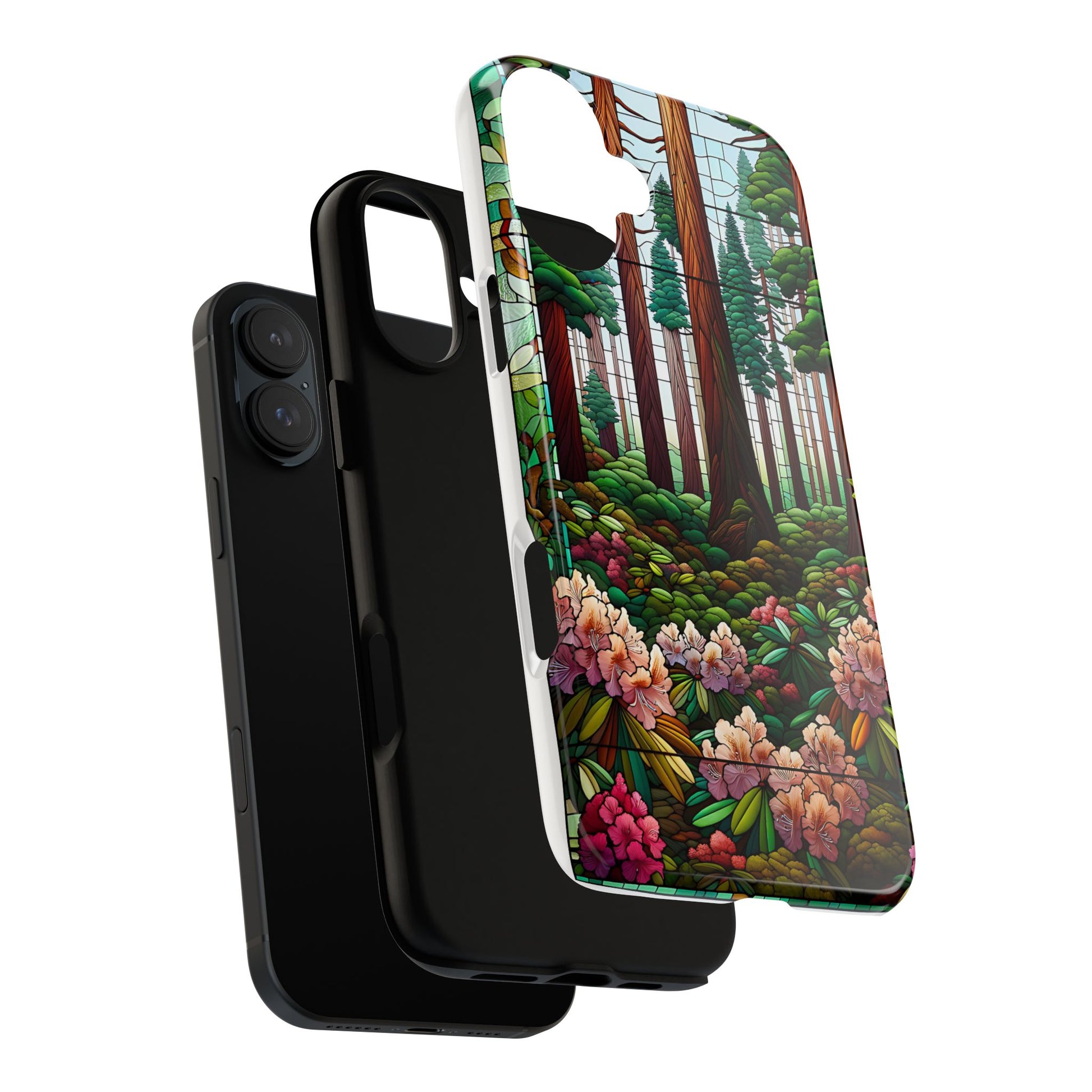 Nature Inspired Tough Cases - Redwood Trees & Rhododendrons Stained Glass iPhone Cover, Protective Phone Shell, Unique Samsung Galaxy Case,