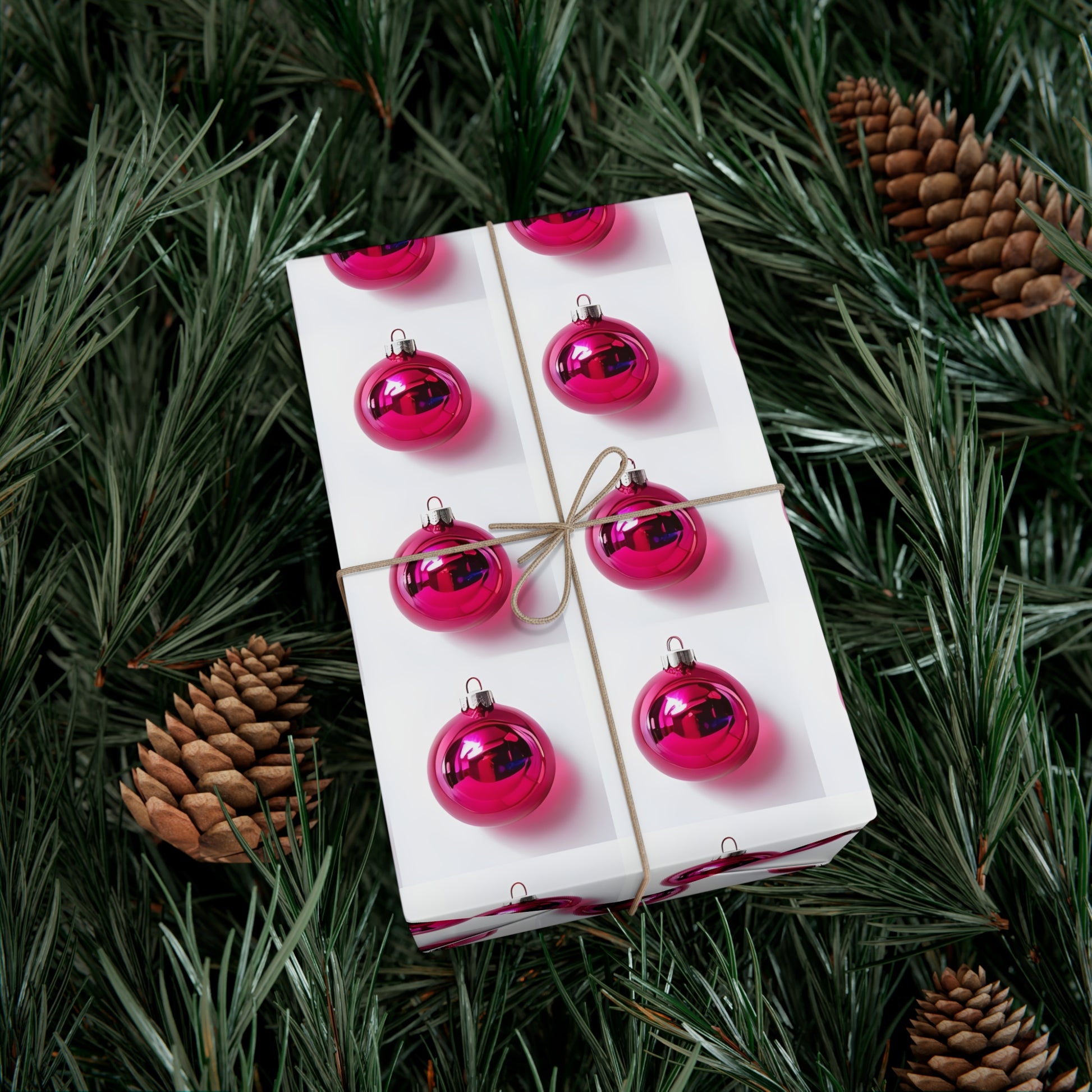 Wrapping Paper, Hot Pink Christmas Ornaments On White Background - Gift Wrap Rolls, Eco-Friendly Gift Wrap, Holiday