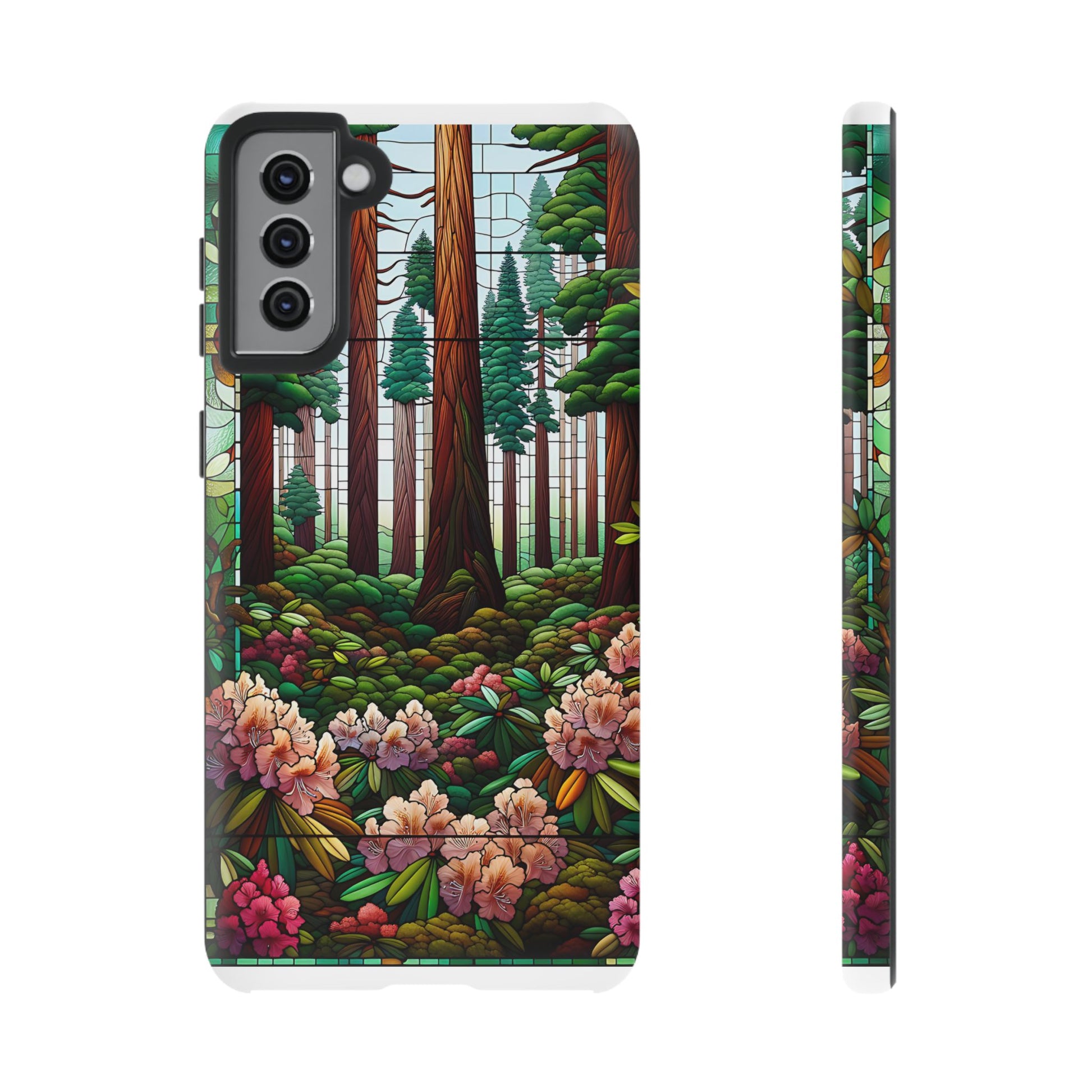 Nature Inspired Tough Cases - Redwood Trees & Rhododendrons Stained Glass iPhone Cover, Protective Phone Shell, Unique Samsung Galaxy Case,