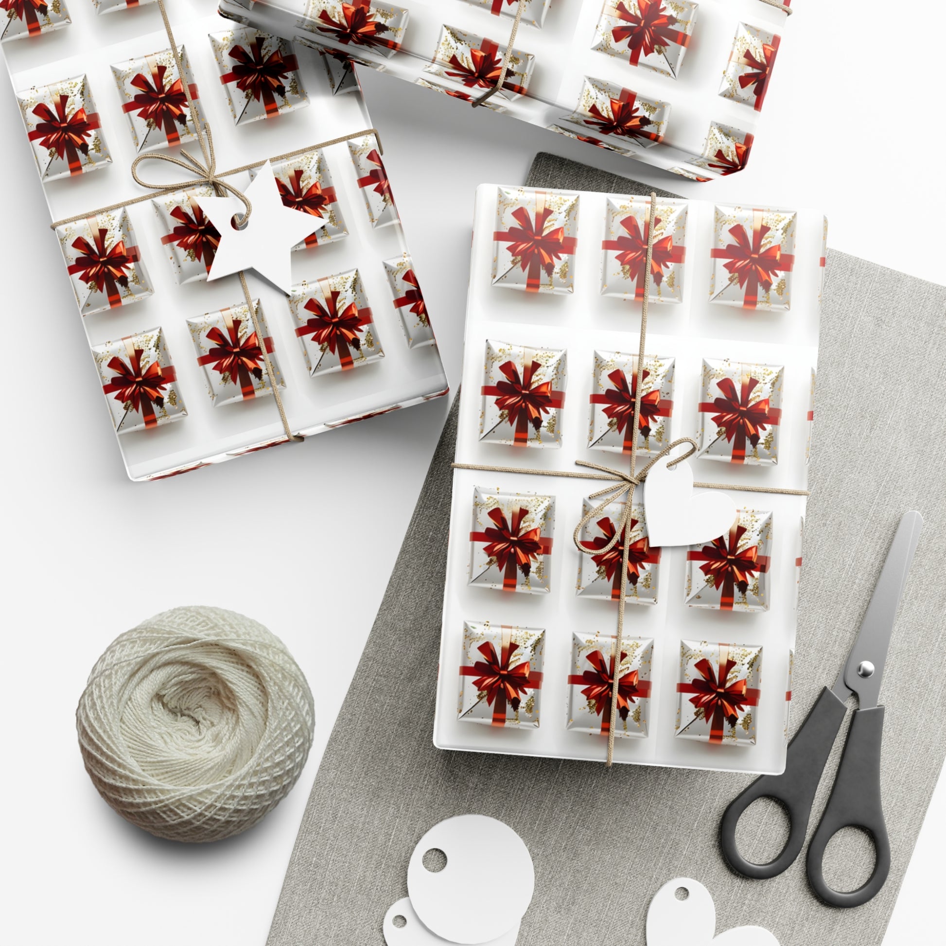 Wrapping Paper, Elegantly Wrapped Gifts On White Background with Red Bows - Gift Wrap Rolls, Eco-Friendly Gift Wrap, Holiday Season Wrapping
