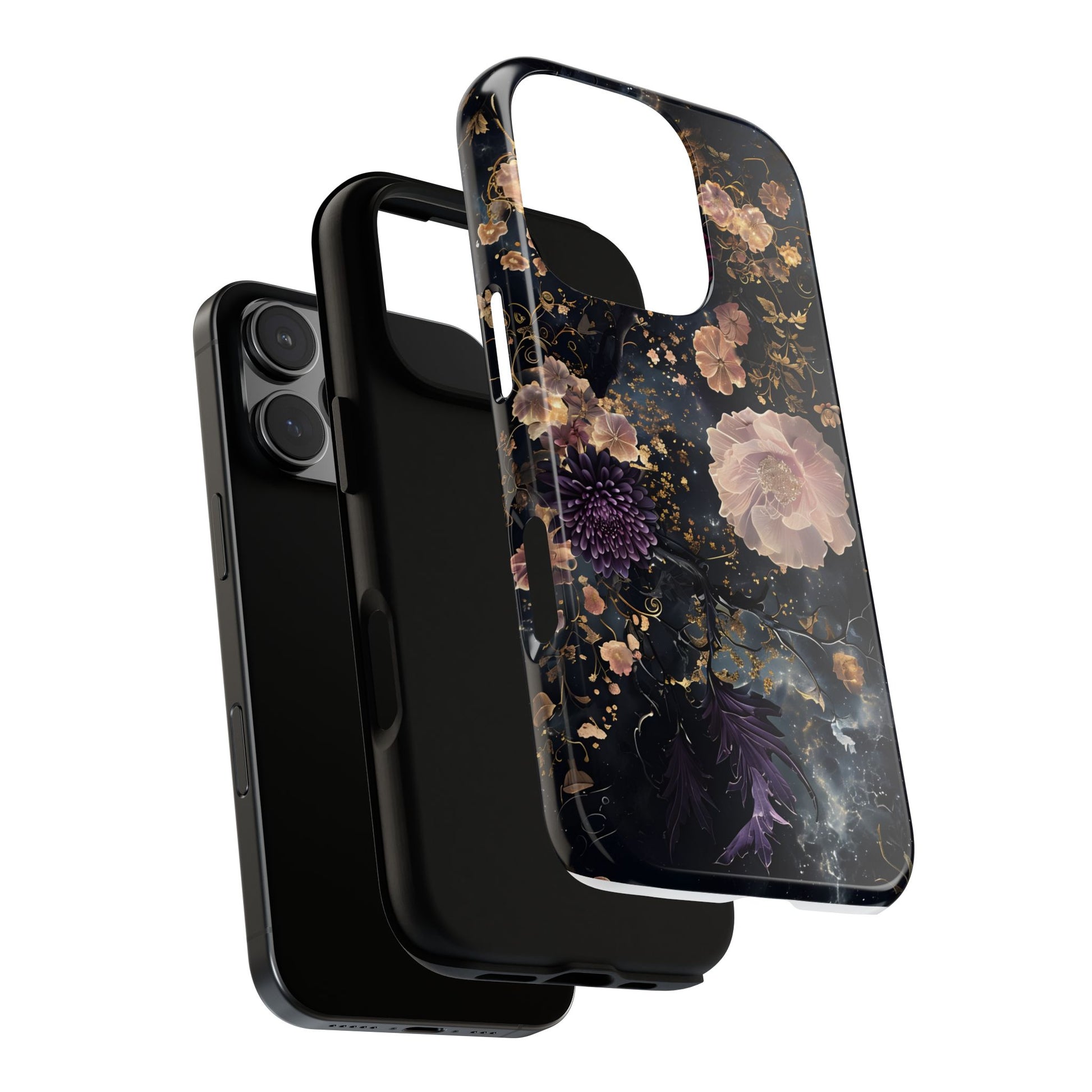 Phone Case, Whimsical Floral Pattern Against Cosmic Nebulous Background. Galaxy, Space, Tough Protective Cover, Unique Gift, Trendy