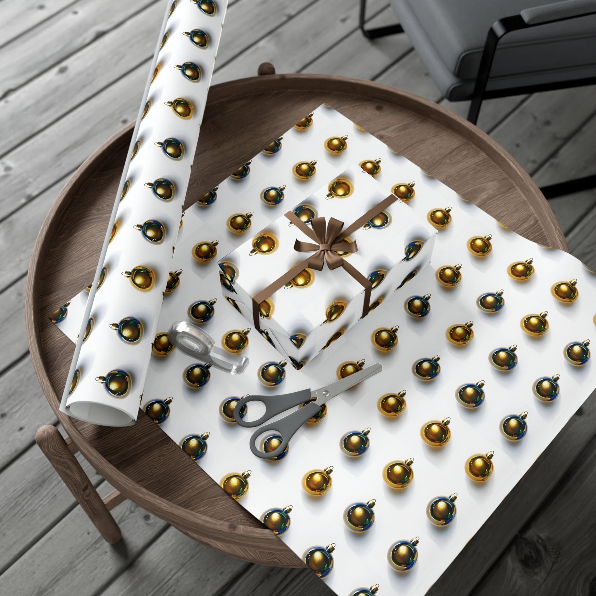 Wrapping Paper, Gold Christmas Ornaments On White Background - Gift Wrap Rolls, Eco-Friendly Gift Wrap, Holiday