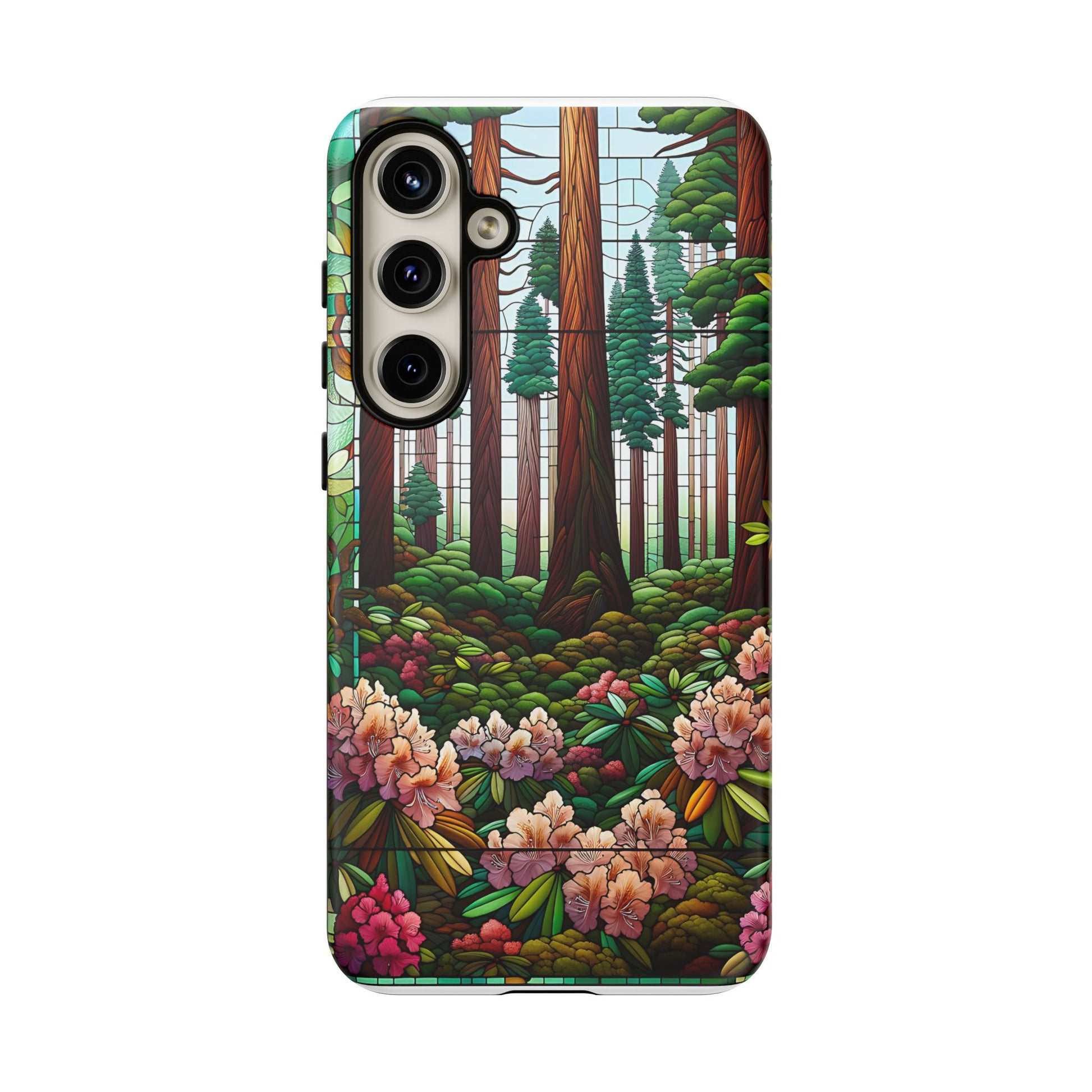Nature Inspired Tough Cases - Redwood Trees & Rhododendrons Stained Glass iPhone Cover, Protective Phone Shell, Unique Samsung Galaxy Case,