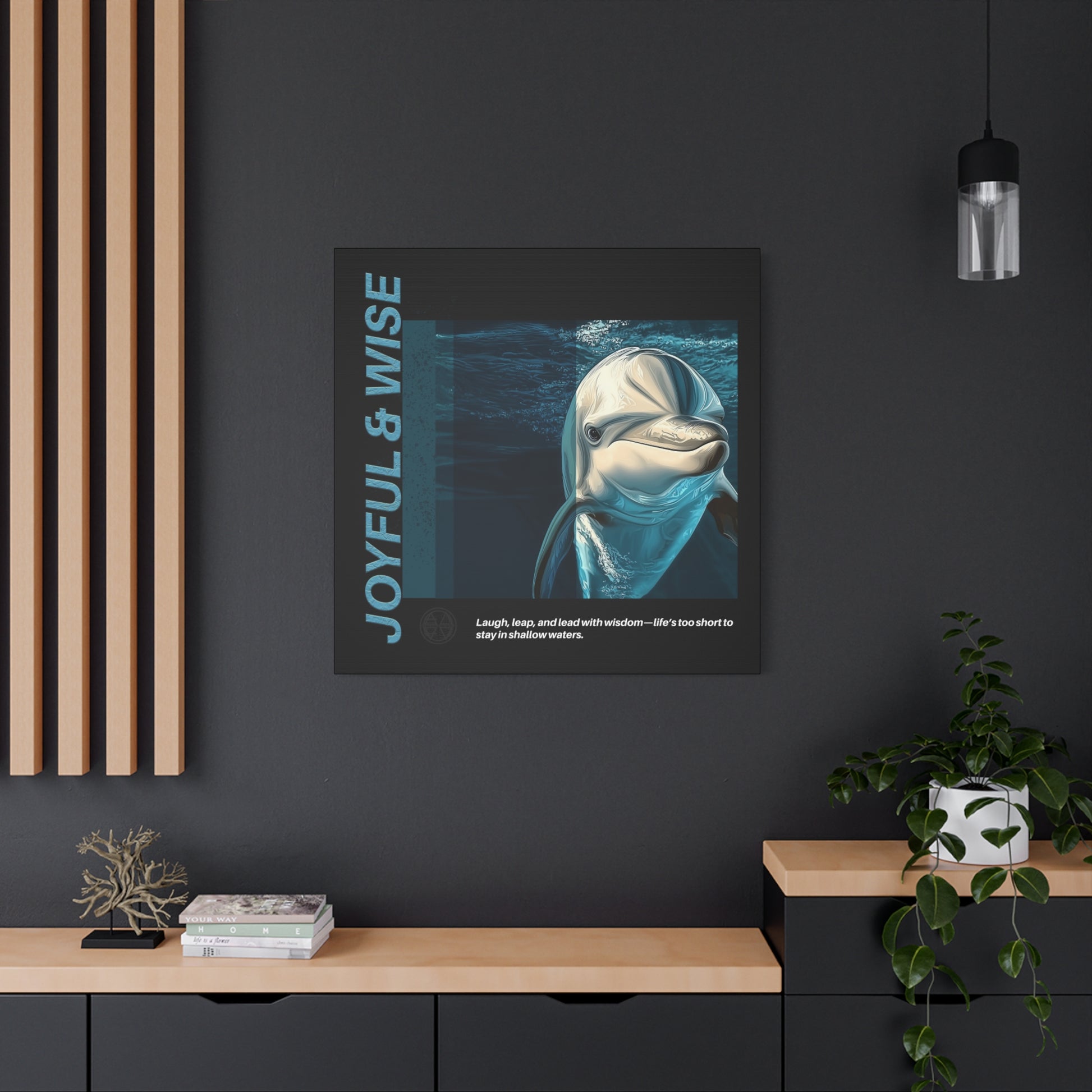 Inspirational Dolphin Canvas Art, Joyful & Wise Wall Decor, Motivational Home Decor, Ocean-Themed Gift, Abstract Animal Artwork, Nautical