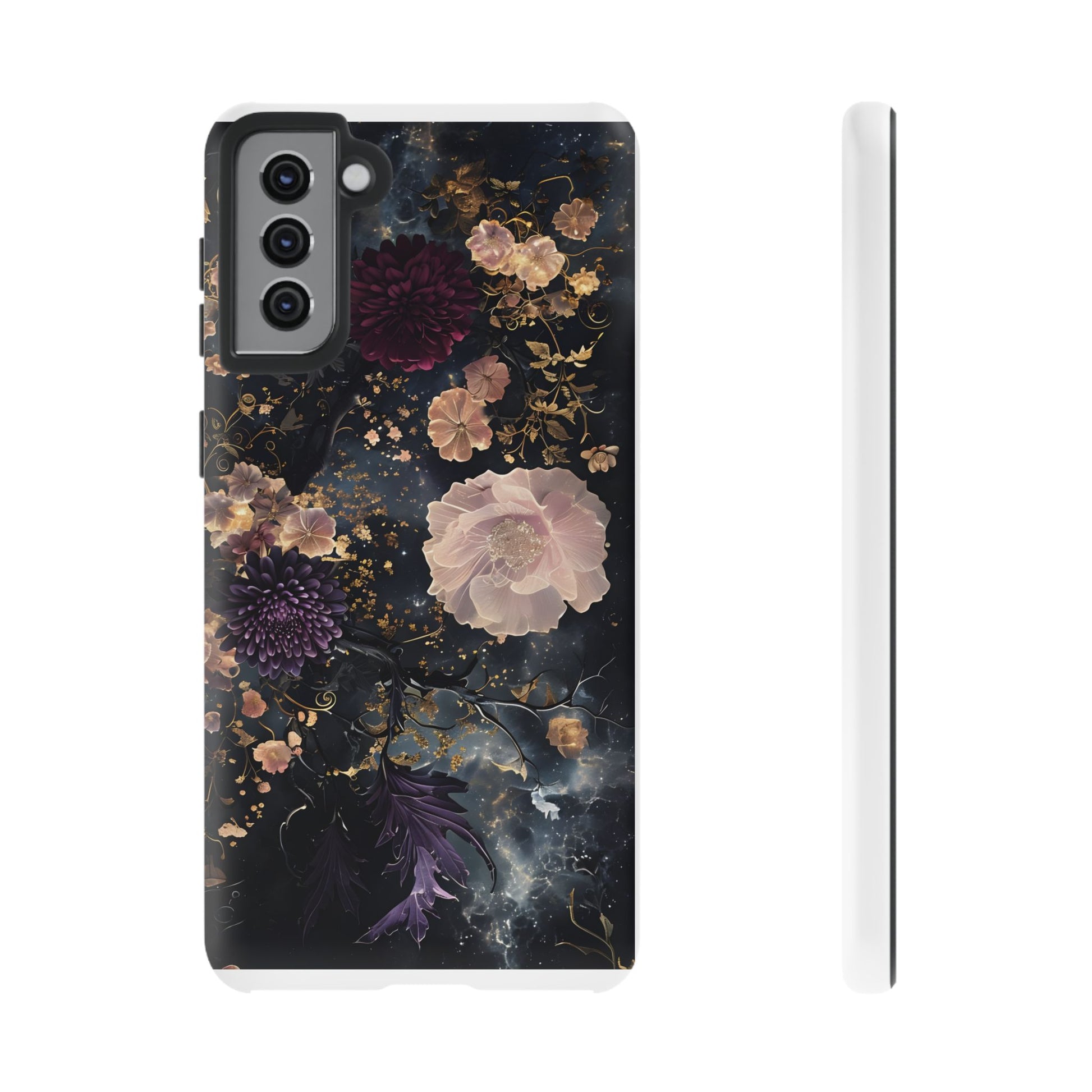 Phone Case, Whimsical Floral Pattern Against Cosmic Nebulous Background. Galaxy, Space, Tough Protective Cover, Unique Gift, Trendy