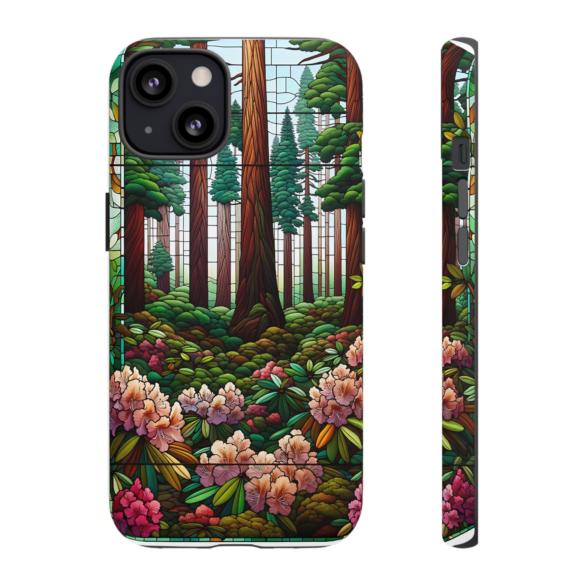 Nature Inspired Tough Cases - Redwood Trees & Rhododendrons Stained Glass iPhone Cover, Protective Phone Shell, Unique Samsung Galaxy Case,
