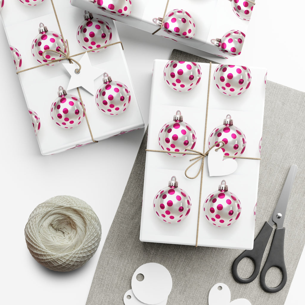 Wrapping Paper, Hot Pink Polka Dot Christmas Ornaments On White Background - Gift Wrap Rolls, Eco-Friendly Gift Wrap, Holiday