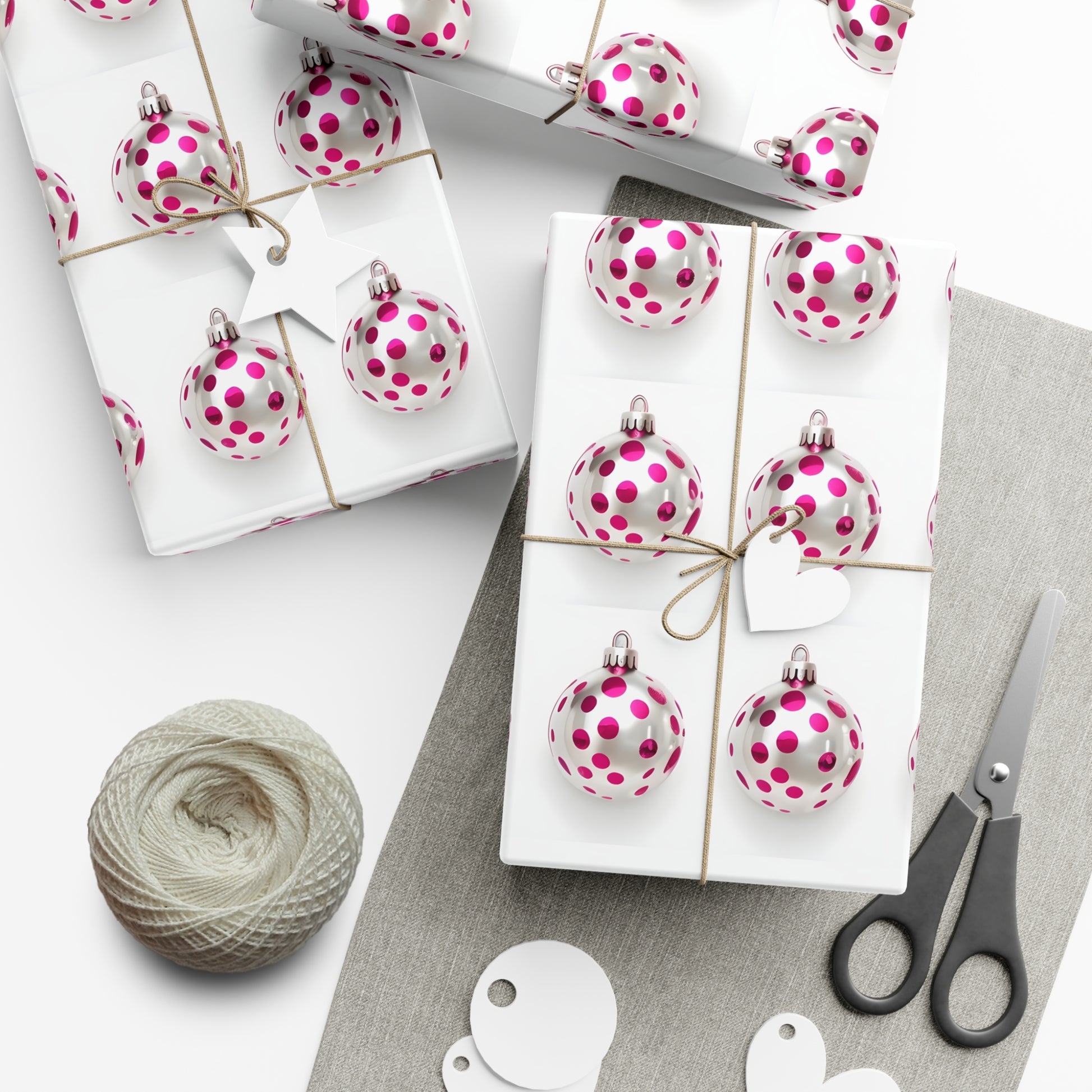 Wrapping Paper, Hot Pink Polka Dot Christmas Ornaments On White Background - Gift Wrap Rolls, Eco-Friendly Gift Wrap, Holiday