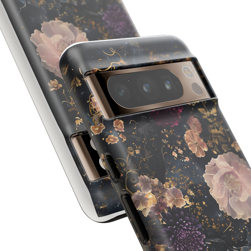 Phone Case, Whimsical Floral Pattern Against Cosmic Nebulous Background. Galaxy, Space, Tough Protective Cover, Unique Gift, Trendy