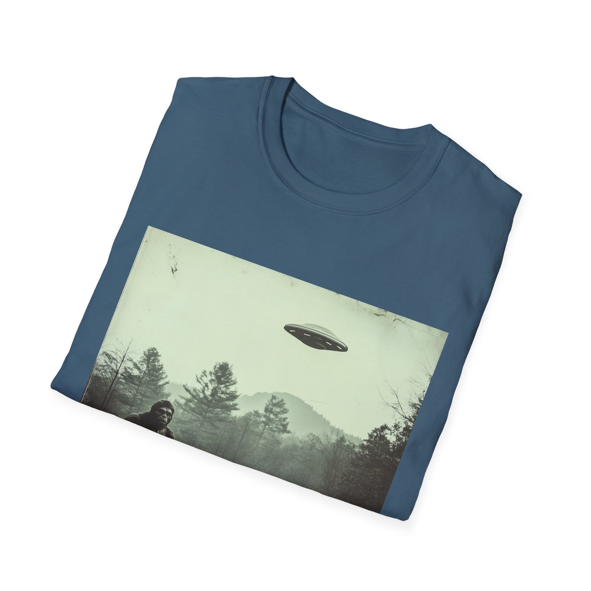 Bigfoot & UFO Unisex T-Shirt, Sasquatch Alien Tee, Cryptid Spaceship Shirt, Extraterrestrial Fantasy Clothing, Funny Yeti Top