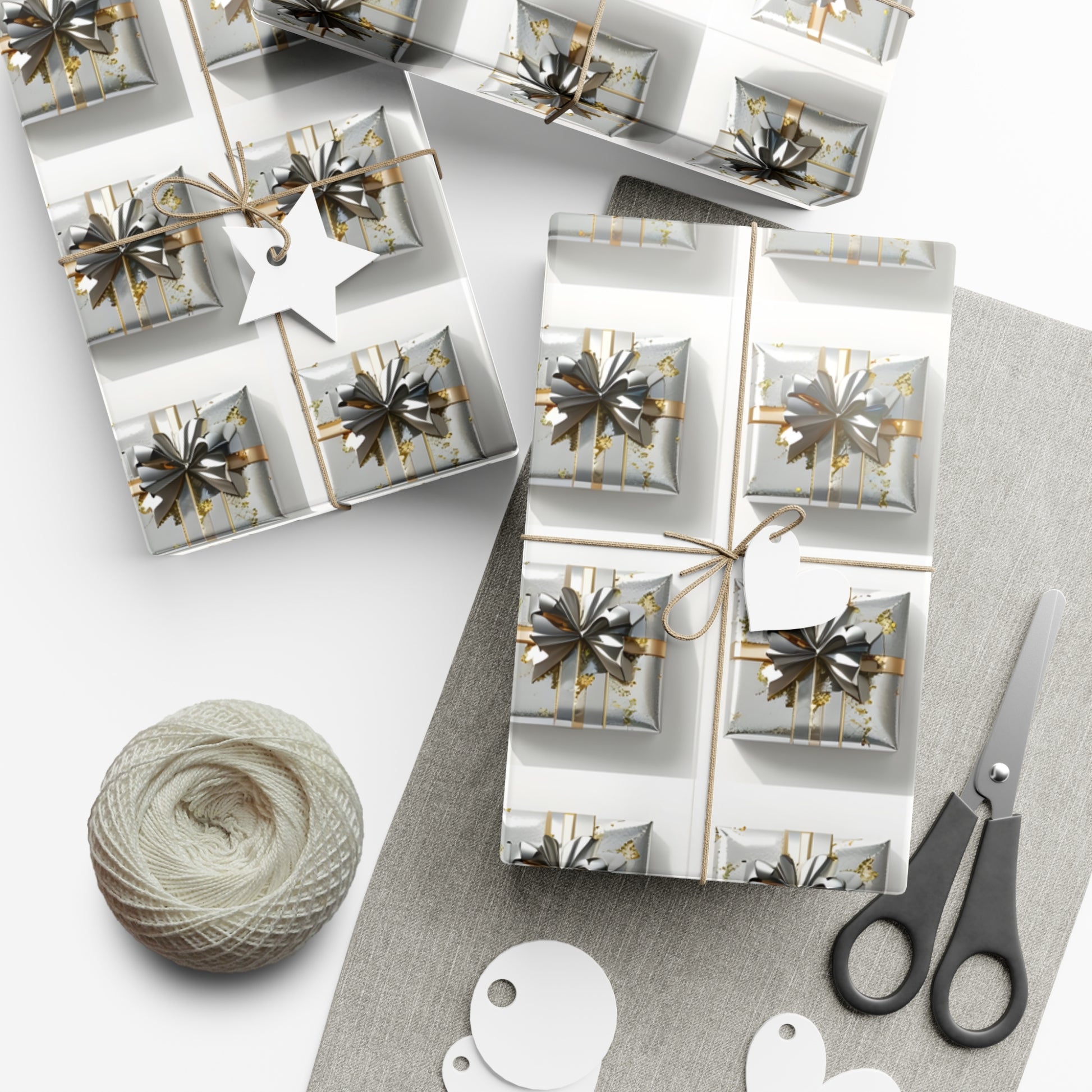 Wrapping Paper, Elegantly Wrapped Gifts On White Background with Silver & Gold Bows - Gift Wrap Rolls, Eco-Friendly Gift Wrap, Holiday