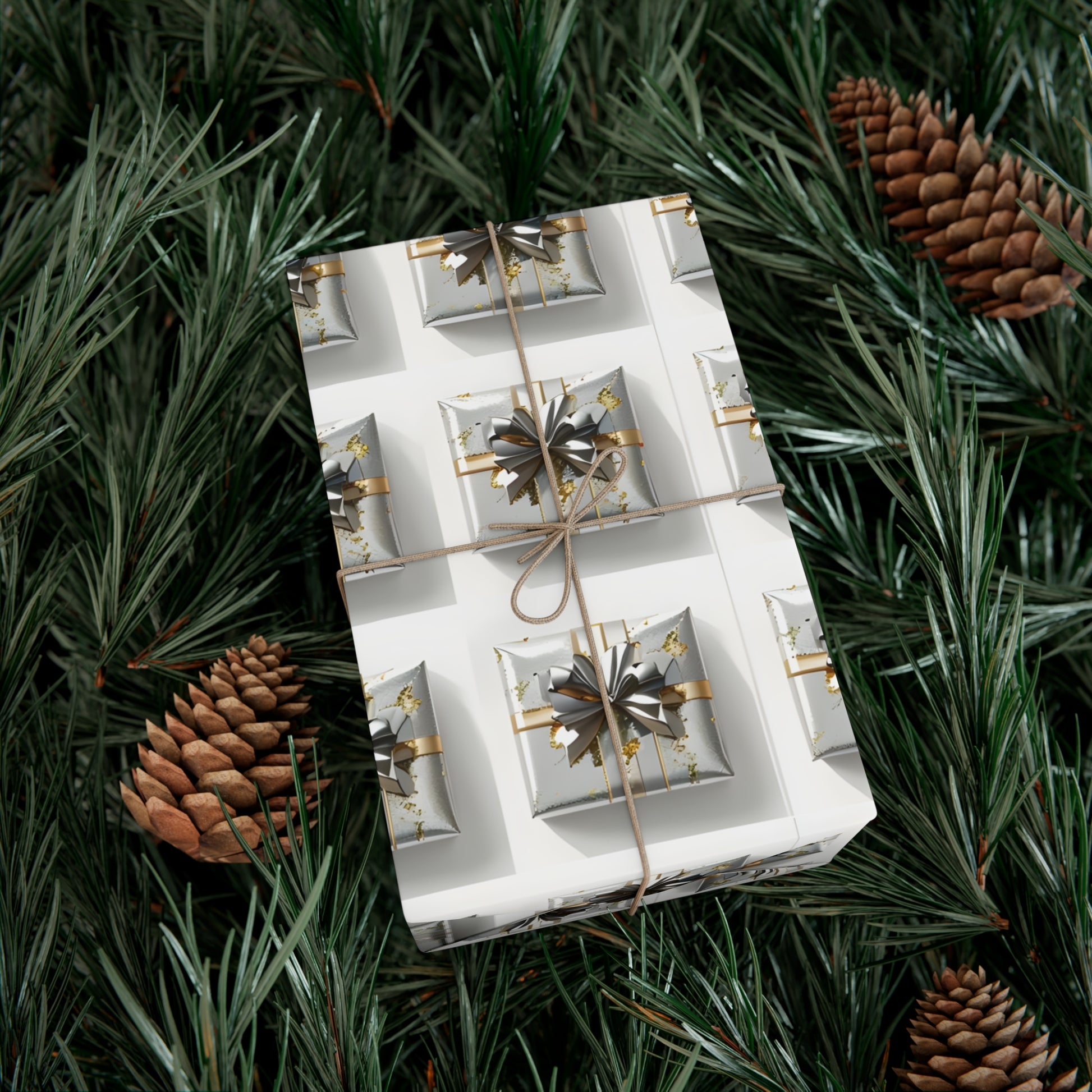 Wrapping Paper, Elegantly Wrapped Gifts On White Background with Silver & Gold Bows - Gift Wrap Rolls, Eco-Friendly Gift Wrap, Holiday