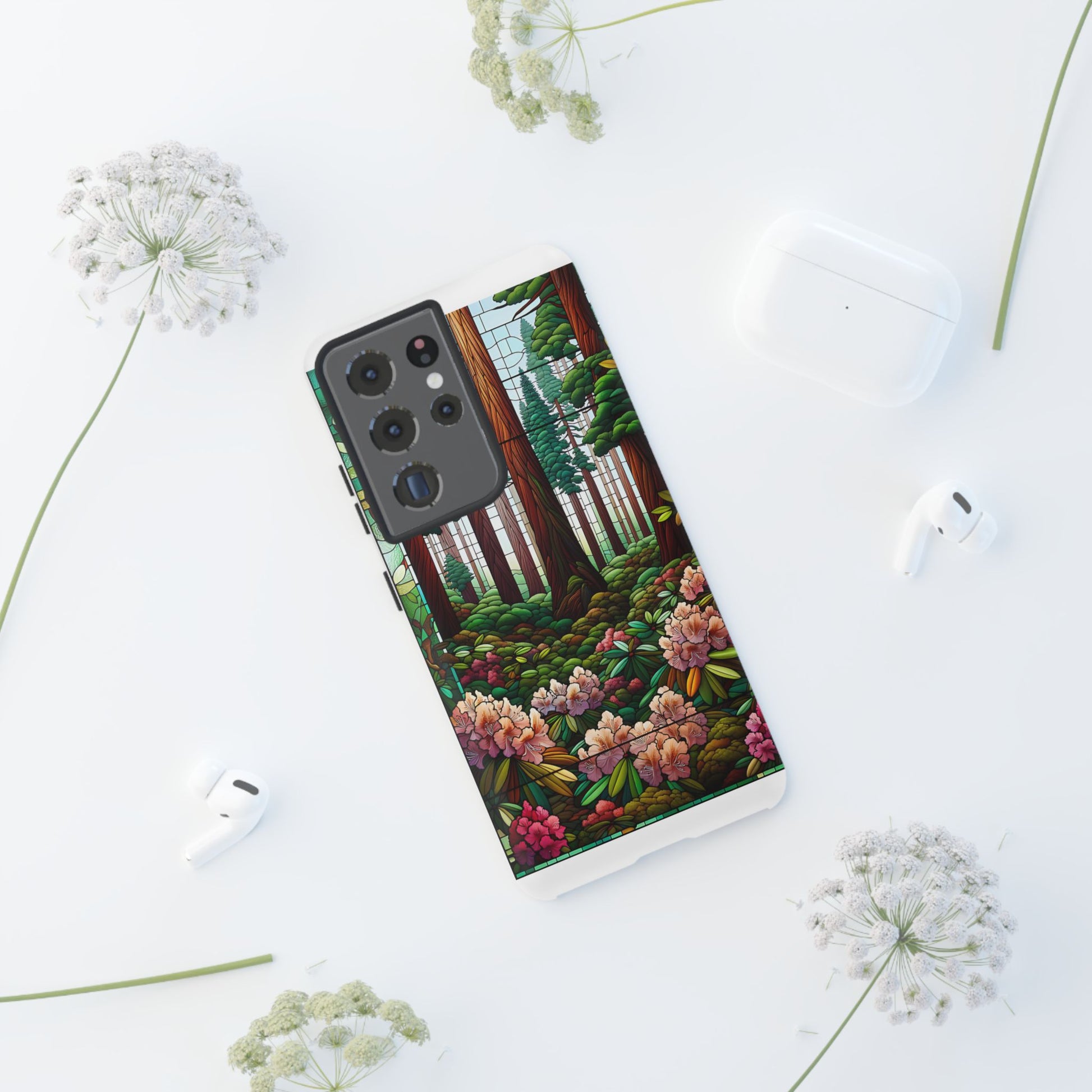 Nature Inspired Tough Cases - Redwood Trees & Rhododendrons Stained Glass iPhone Cover, Protective Phone Shell, Unique Samsung Galaxy Case,