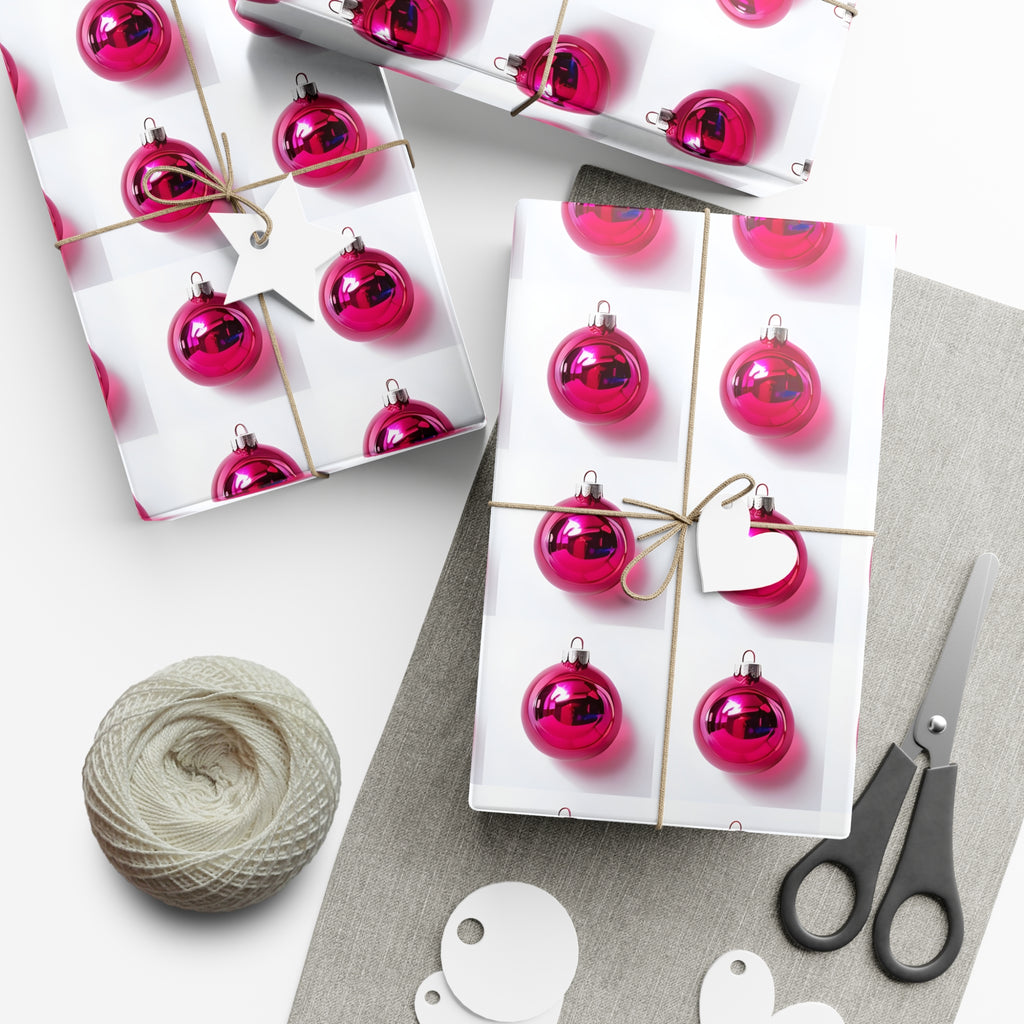 Wrapping Paper, Hot Pink Christmas Ornaments On White Background - Gift Wrap Rolls, Eco-Friendly Gift Wrap, Holiday