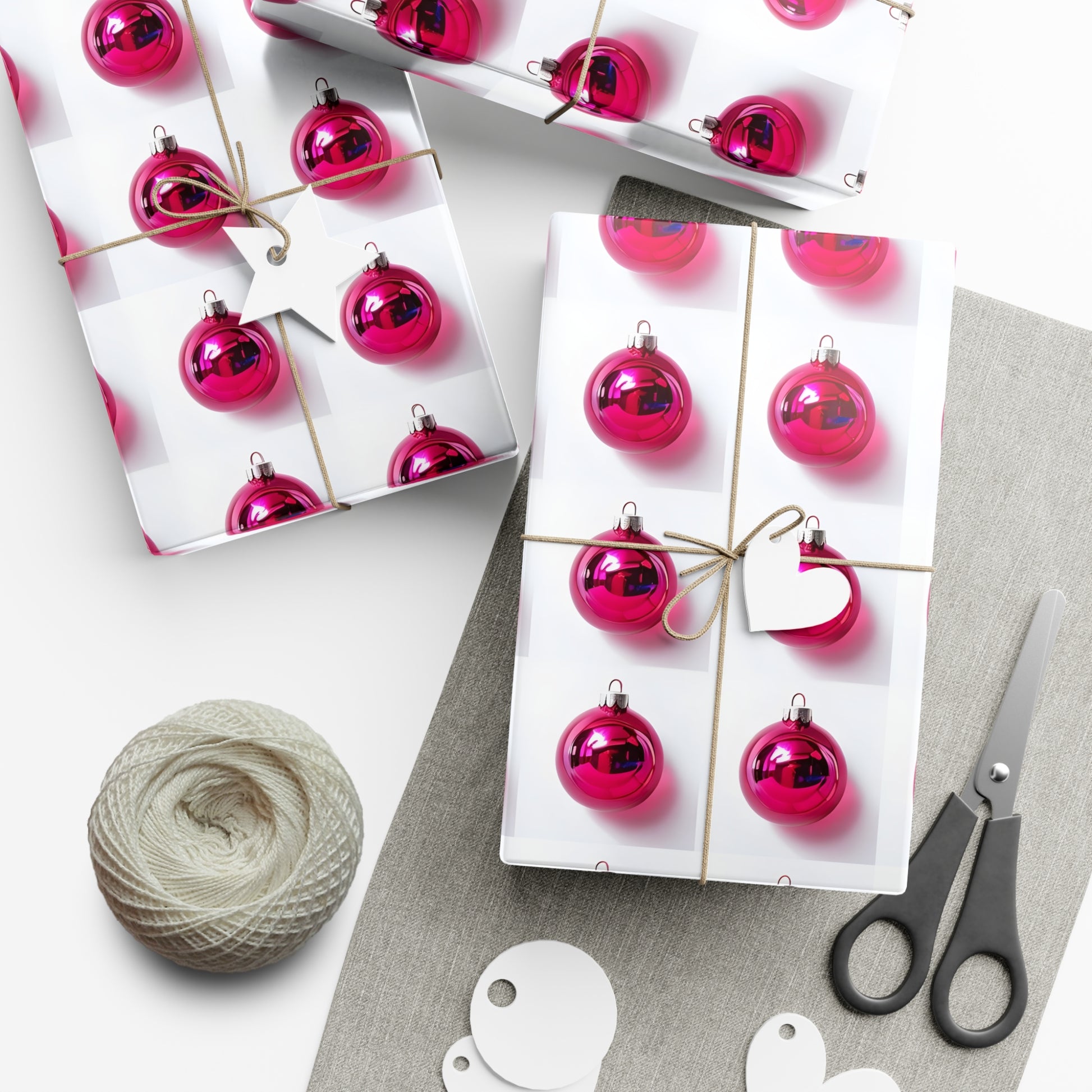 Wrapping Paper, Hot Pink Christmas Ornaments On White Background - Gift Wrap Rolls, Eco-Friendly Gift Wrap, Holiday