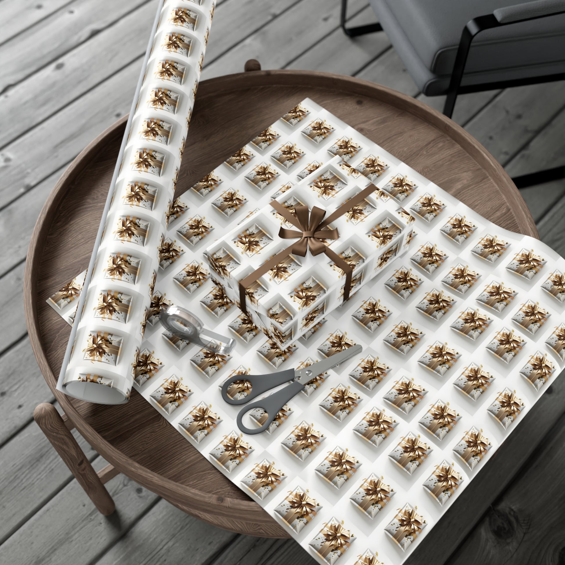 Wrapping Paper, Elegantly Wrapped Gifts On White Background with Gold Bows, Christmas Wrapping, Gift Packaging, Festive Decor, Holiday Gift