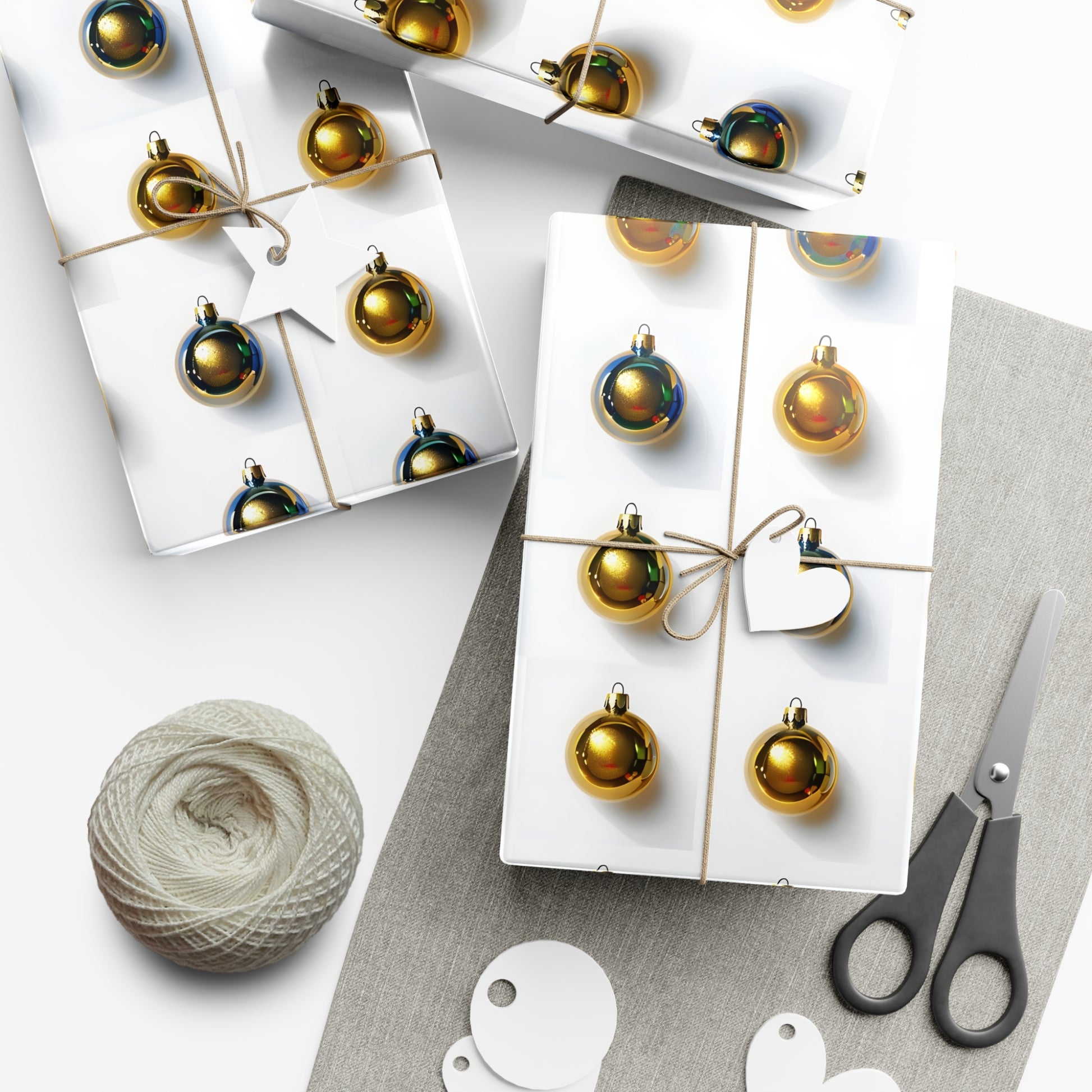 Wrapping Paper, Gold Christmas Ornaments On White Background - Gift Wrap Rolls, Eco-Friendly Gift Wrap, Holiday