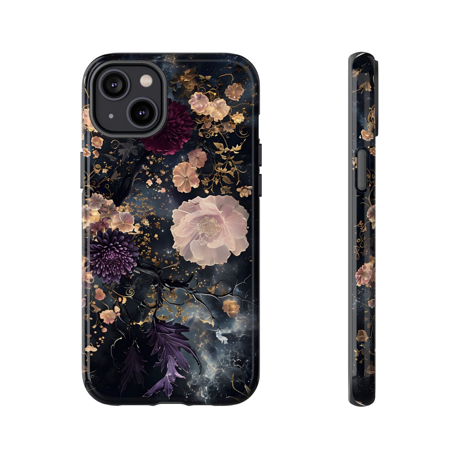 Phone Case, Whimsical Floral Pattern Against Cosmic Nebulous Background. Galaxy, Space, Tough Protective Cover, Unique Gift, Trendy