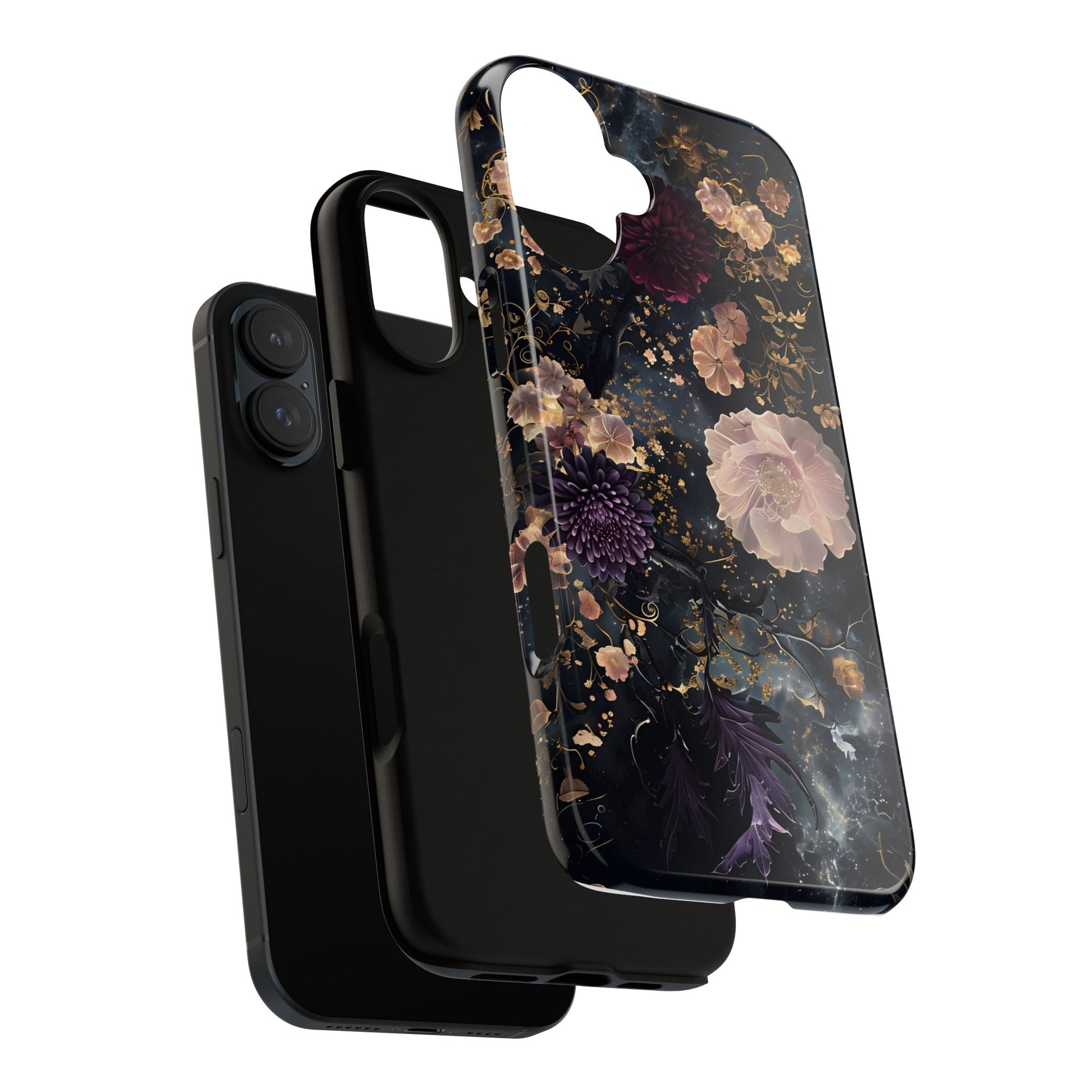 Phone Case, Whimsical Floral Pattern Against Cosmic Nebulous Background. Galaxy, Space, Tough Protective Cover, Unique Gift, Trendy