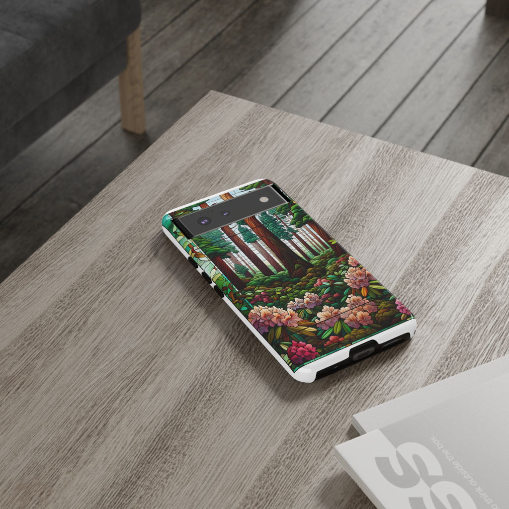 Nature Inspired Tough Cases - Redwood Trees & Rhododendrons Stained Glass iPhone Cover, Protective Phone Shell, Unique Samsung Galaxy Case,