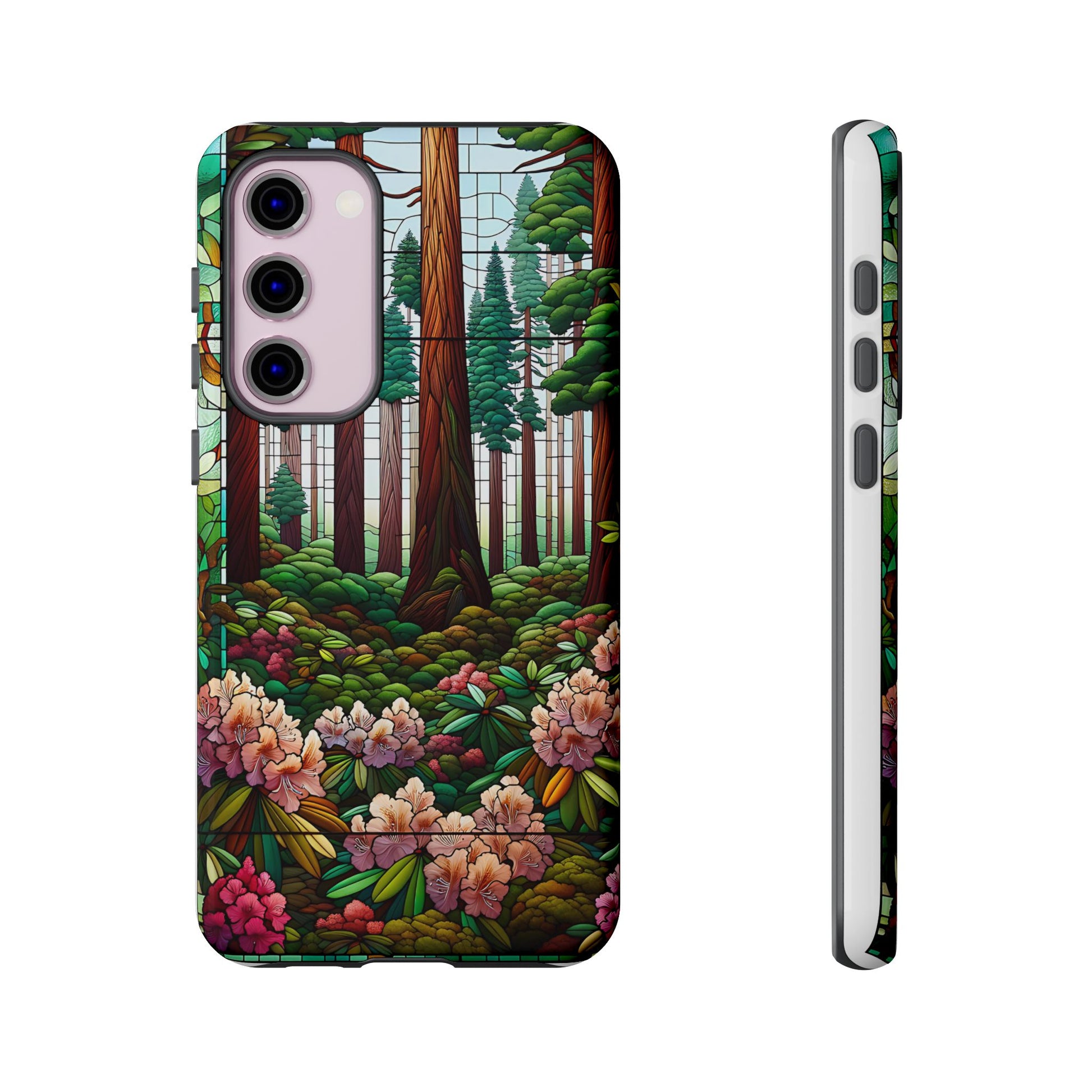 Nature Inspired Tough Cases - Redwood Trees & Rhododendrons Stained Glass iPhone Cover, Protective Phone Shell, Unique Samsung Galaxy Case,
