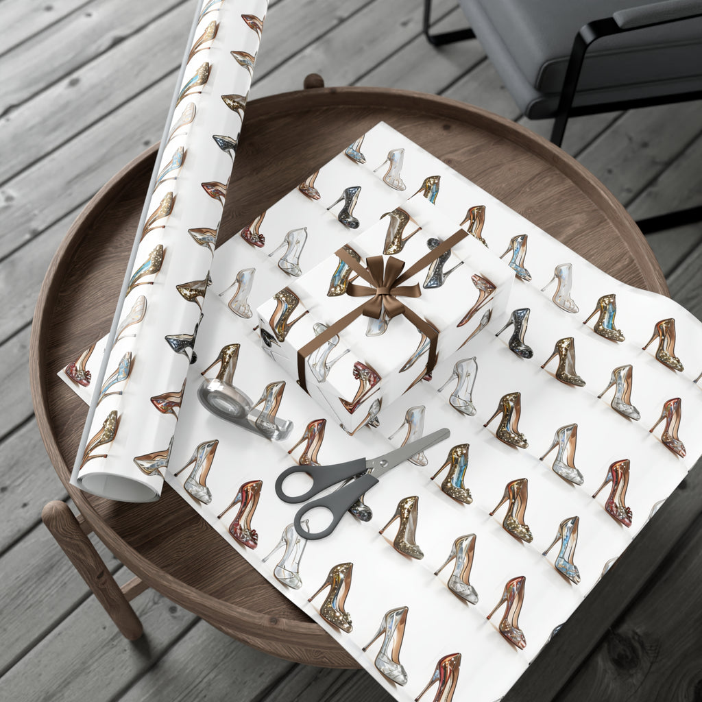 Wrapping Paper, Glittering Glass High Heels On White Background - Gift Wrap Rolls, Eco-Friendly Gift Wrap, Holiday