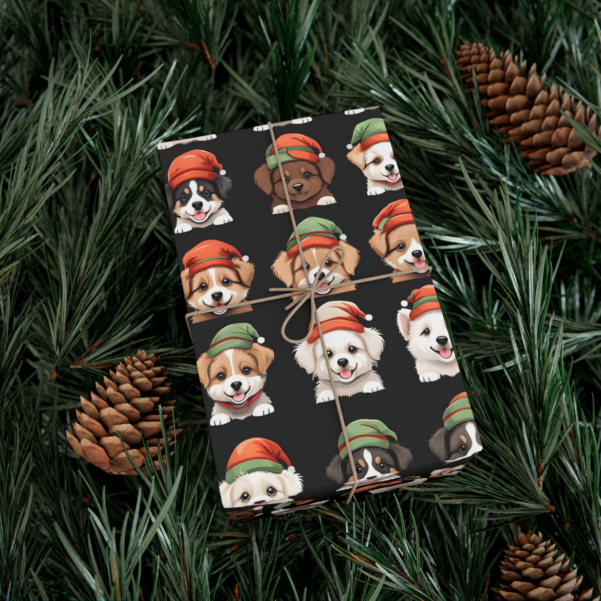 Cute Puppies Elf Caps Gift Wrap Papers - Festive Christmas Wrapping Paper Roll, Holiday Gift Packaging, Adorable Dog Lover Gift Wrap, Pet