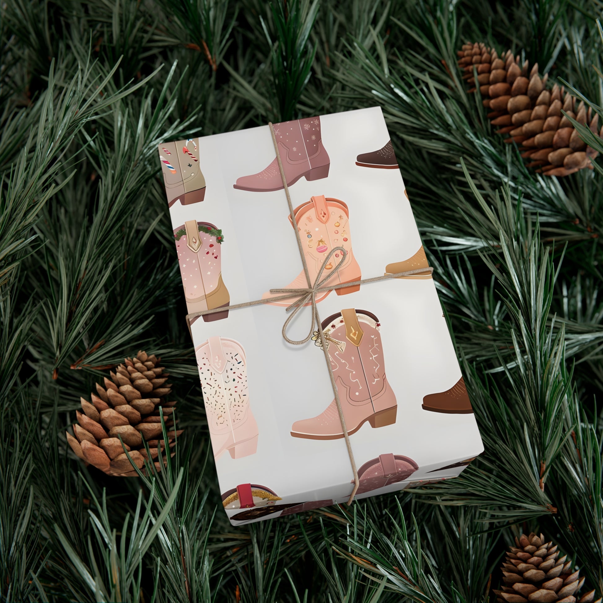 Wrapping Paper, Colorful Cowboy Boots Displaying Festive Holiday Designs, Christmas Wrapping, Gift Packaging, Festive Decor, Holiday Gift