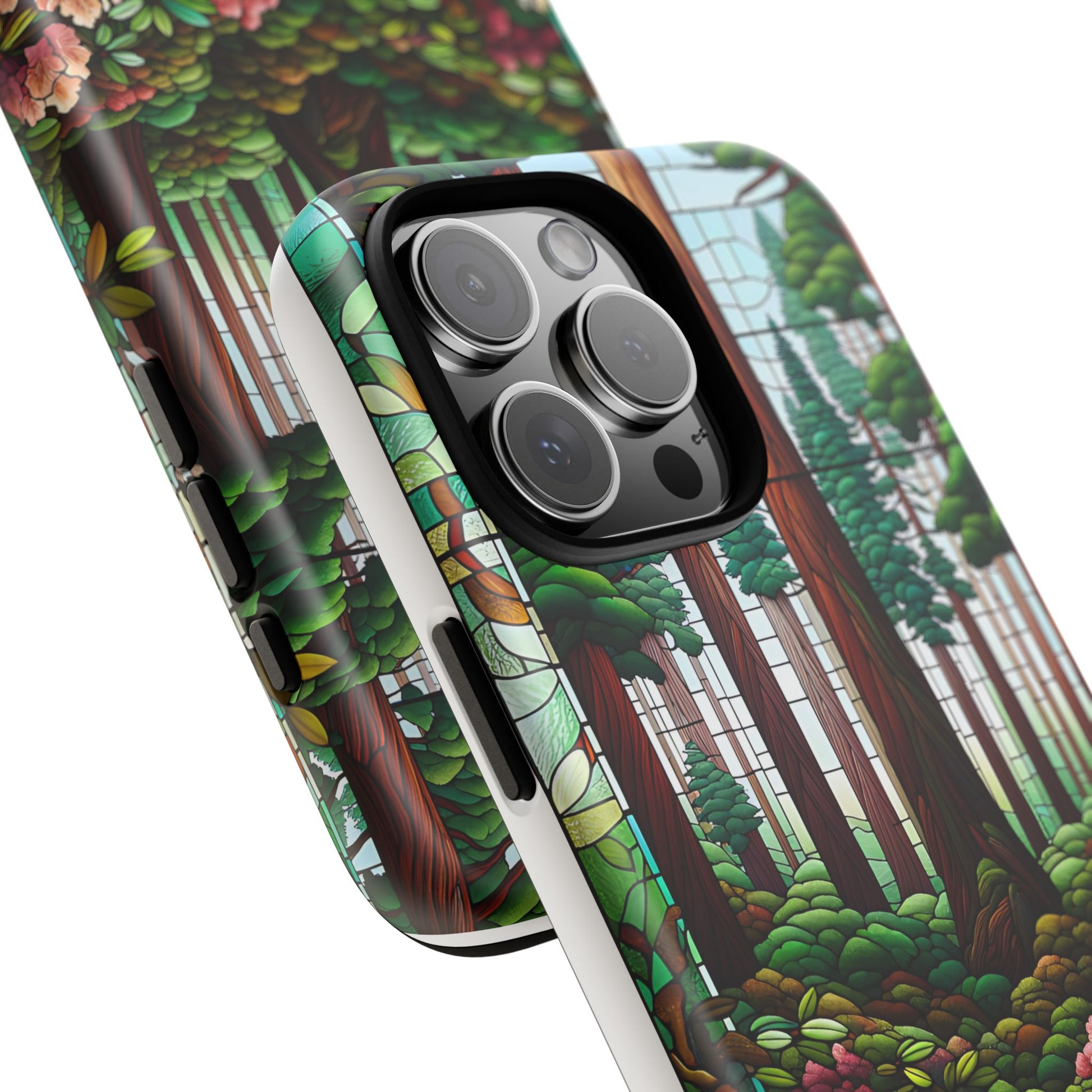Nature Inspired Tough Cases - Redwood Trees & Rhododendrons Stained Glass iPhone Cover, Protective Phone Shell, Unique Samsung Galaxy Case,