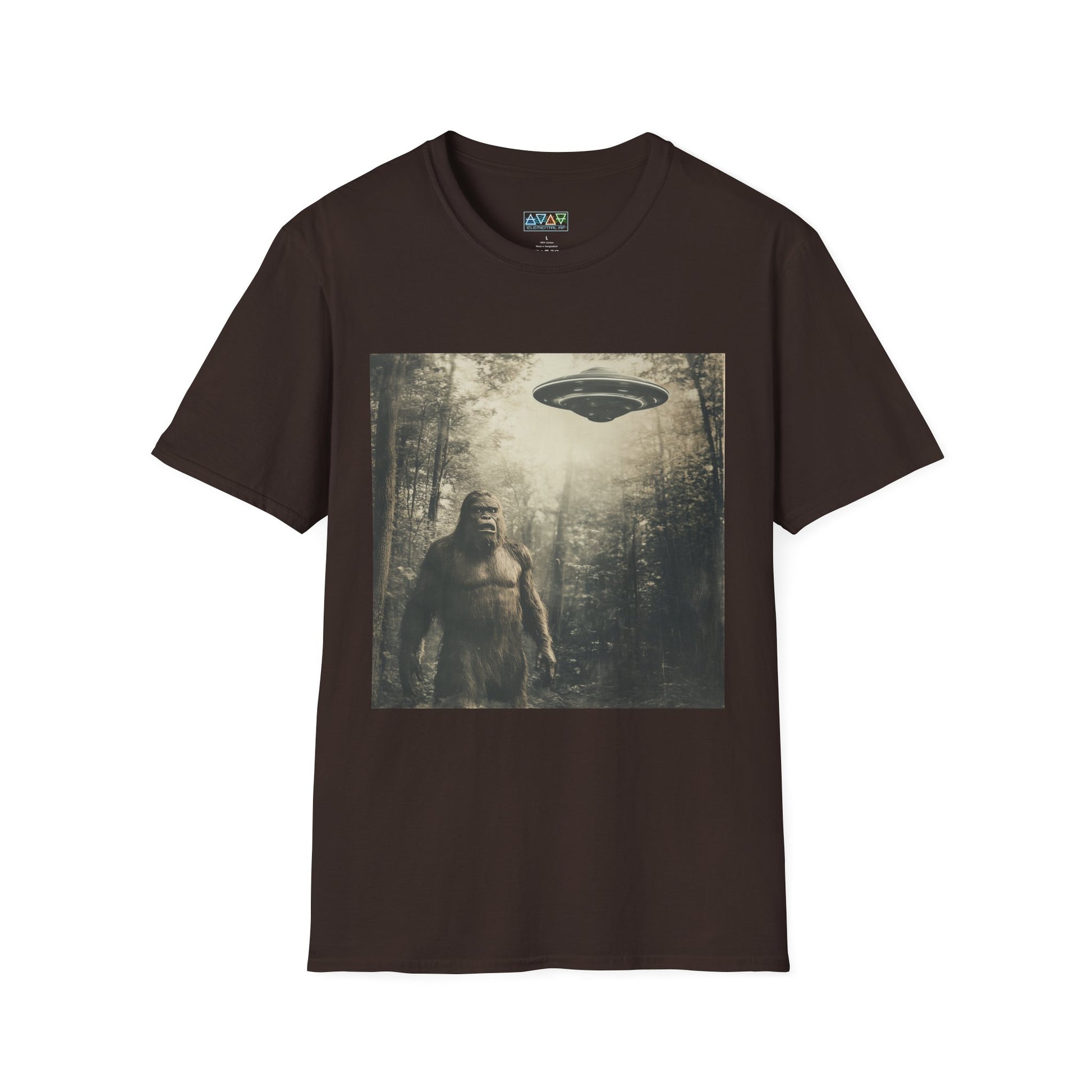 Bigfoot and UFO Unisex T-Shirt, Fun Graphic Tee for Nature Lovers, Quirky Gift for Campers, Outdoor Adventure Apparel