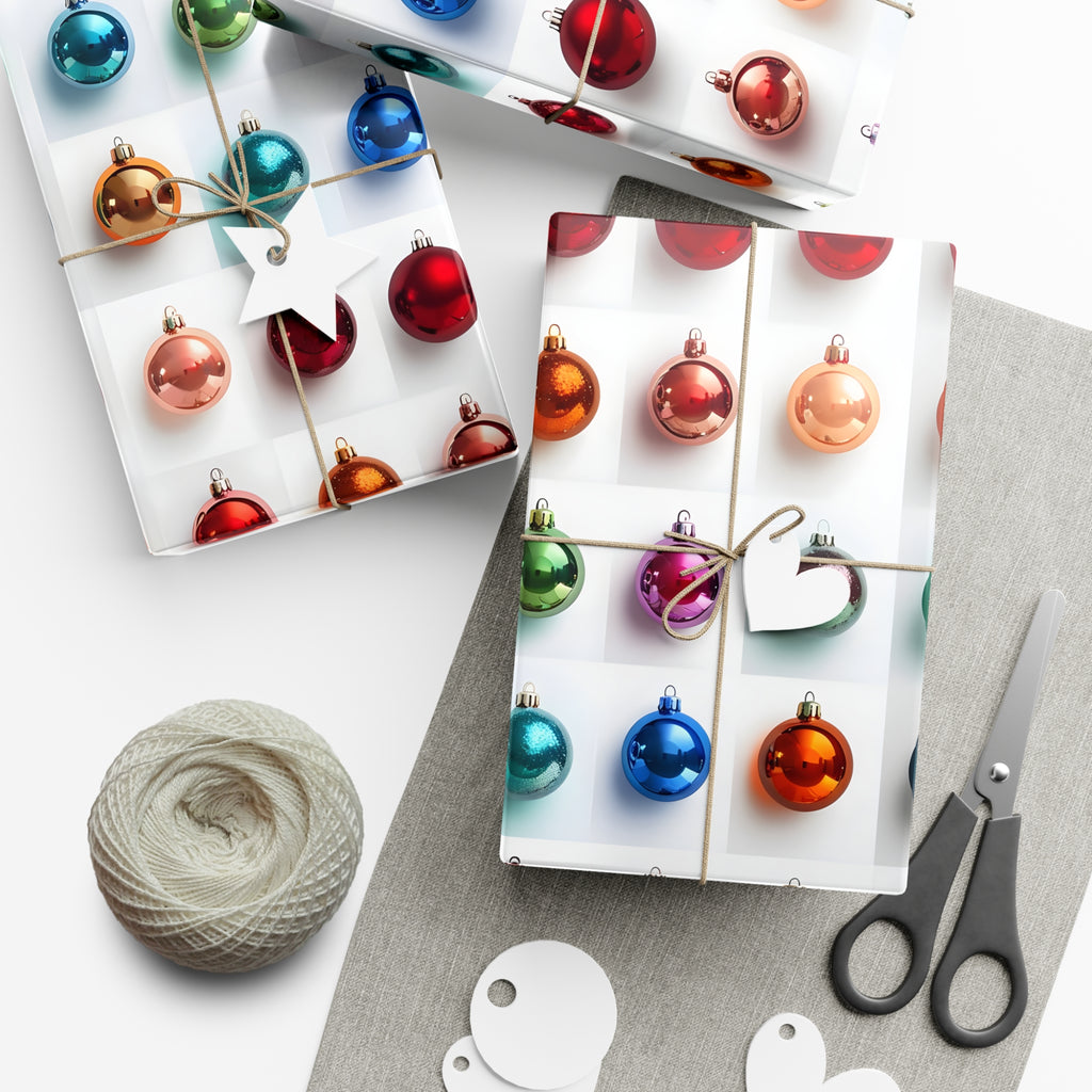 Wrapping Paper, Vibrant Christmas Ornaments On White Background - Gift Wrap Rolls, Eco-Friendly Gift Wrap, Holiday