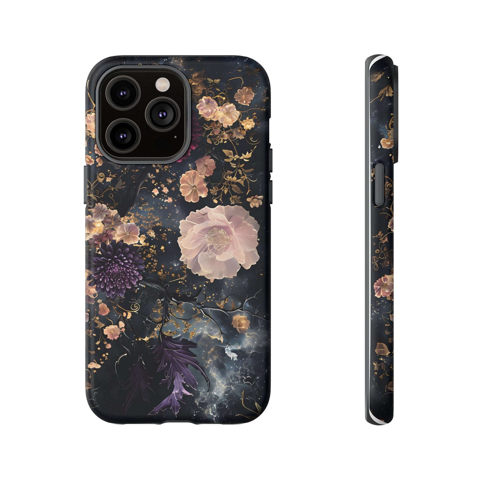 Phone Case, Whimsical Floral Pattern Against Cosmic Nebulous Background. Galaxy, Space, Tough Protective Cover, Unique Gift, Trendy