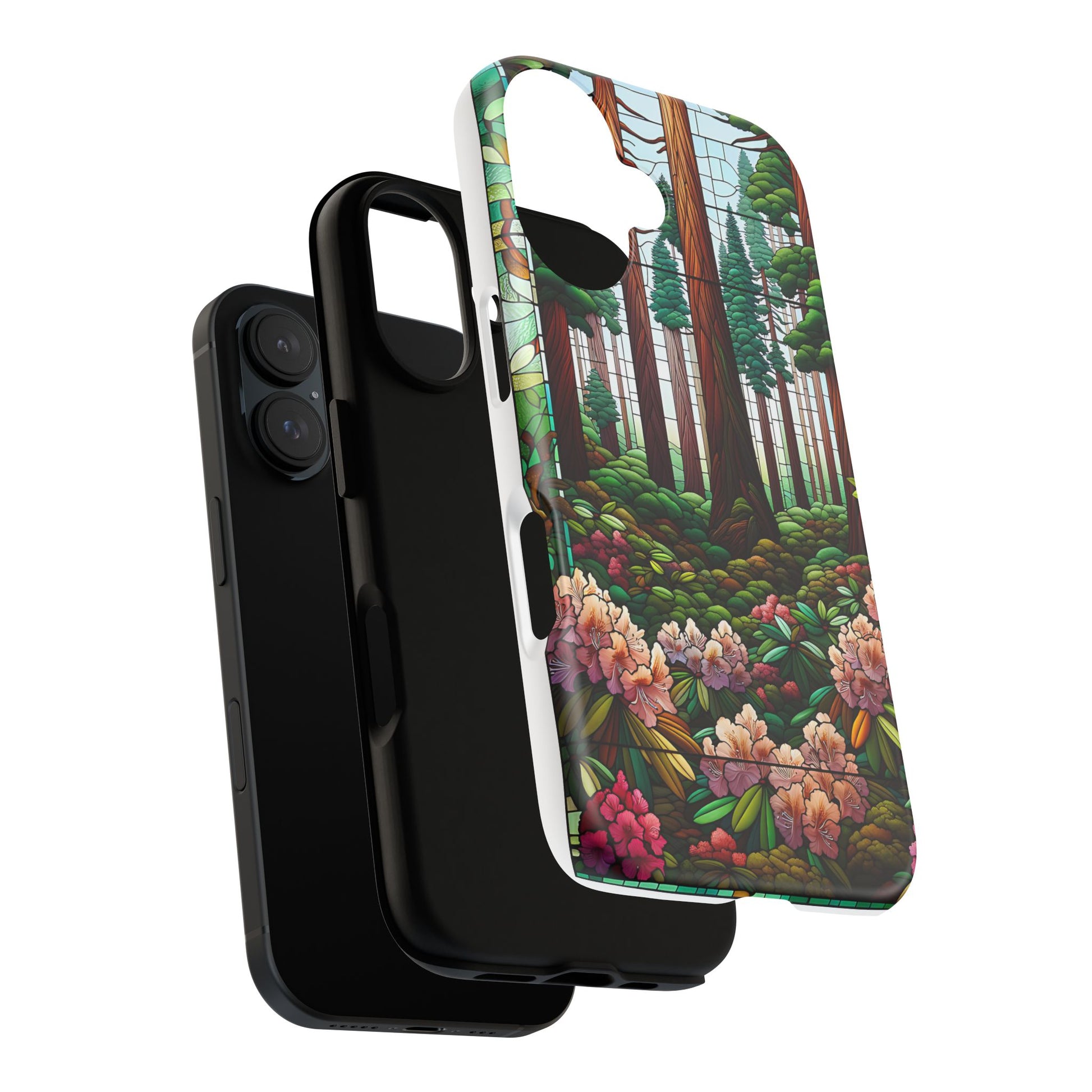 Nature Inspired Tough Cases - Redwood Trees & Rhododendrons Stained Glass iPhone Cover, Protective Phone Shell, Unique Samsung Galaxy Case,