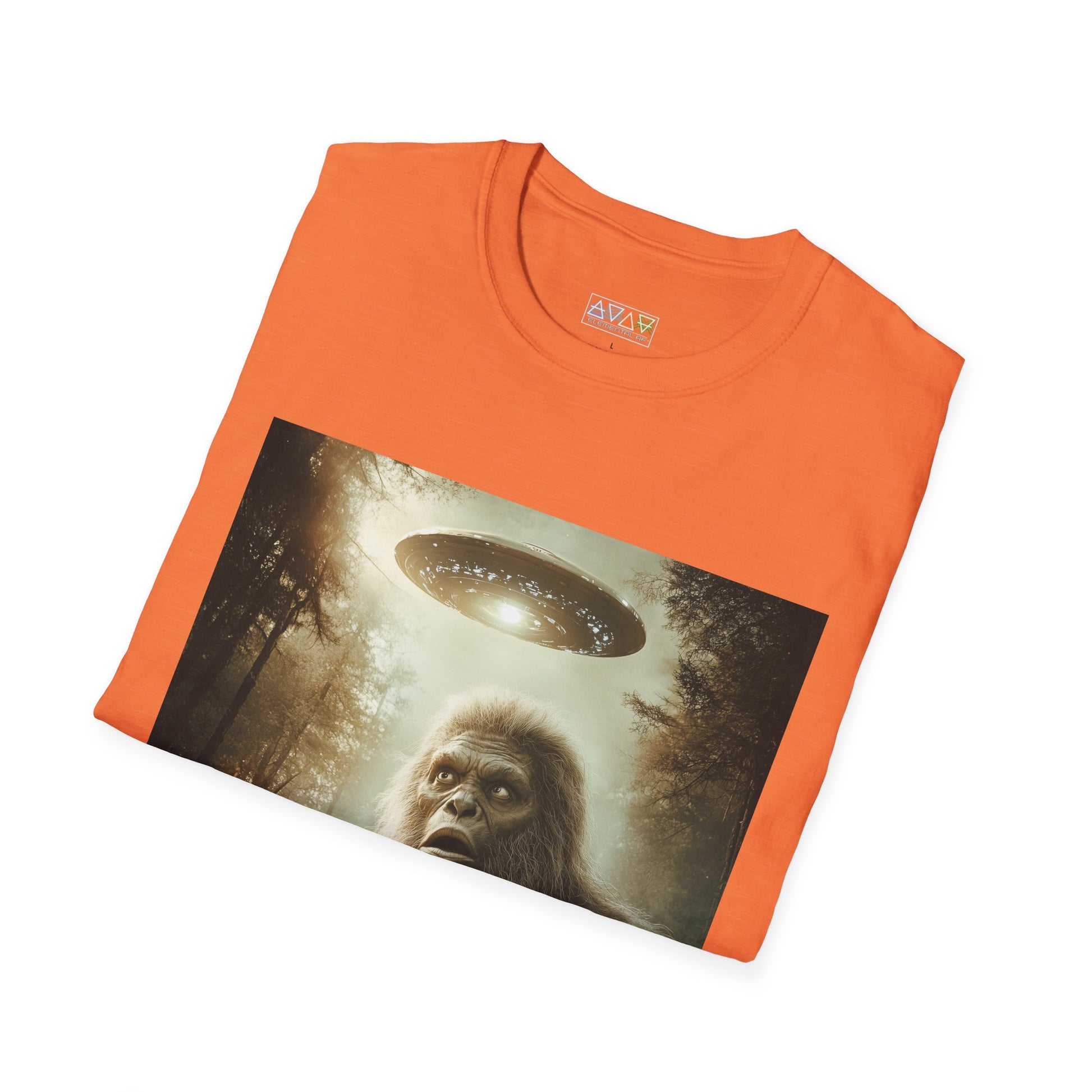 Bigfoot UFO Unisex Softstyle T-Shirt, Funny Graphic Tee, Sasquatch Clothing, Alien Lover Gift, Outdoor Adventure Tee, Casual Wear