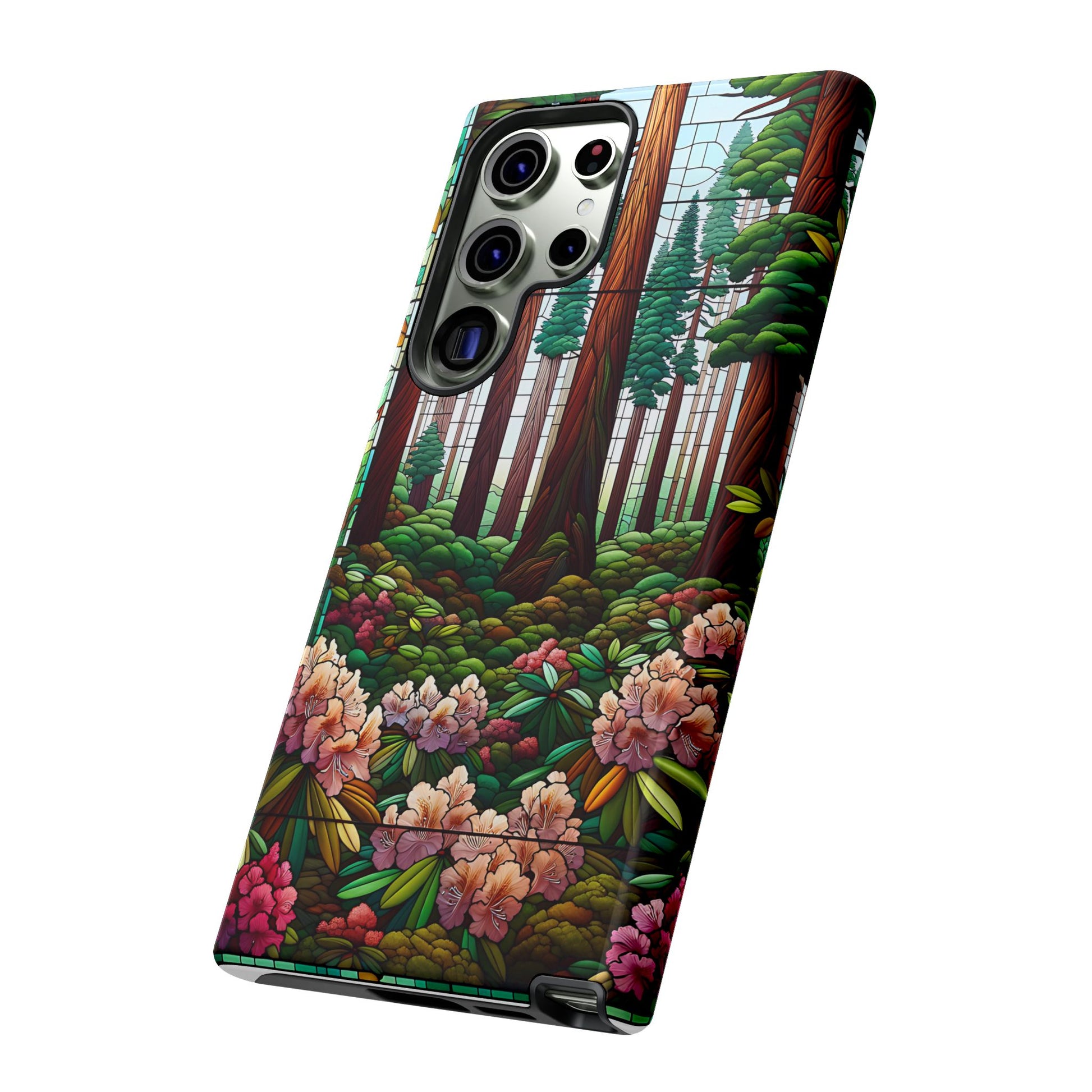 Nature Inspired Tough Cases - Redwood Trees & Rhododendrons Stained Glass iPhone Cover, Protective Phone Shell, Unique Samsung Galaxy Case,