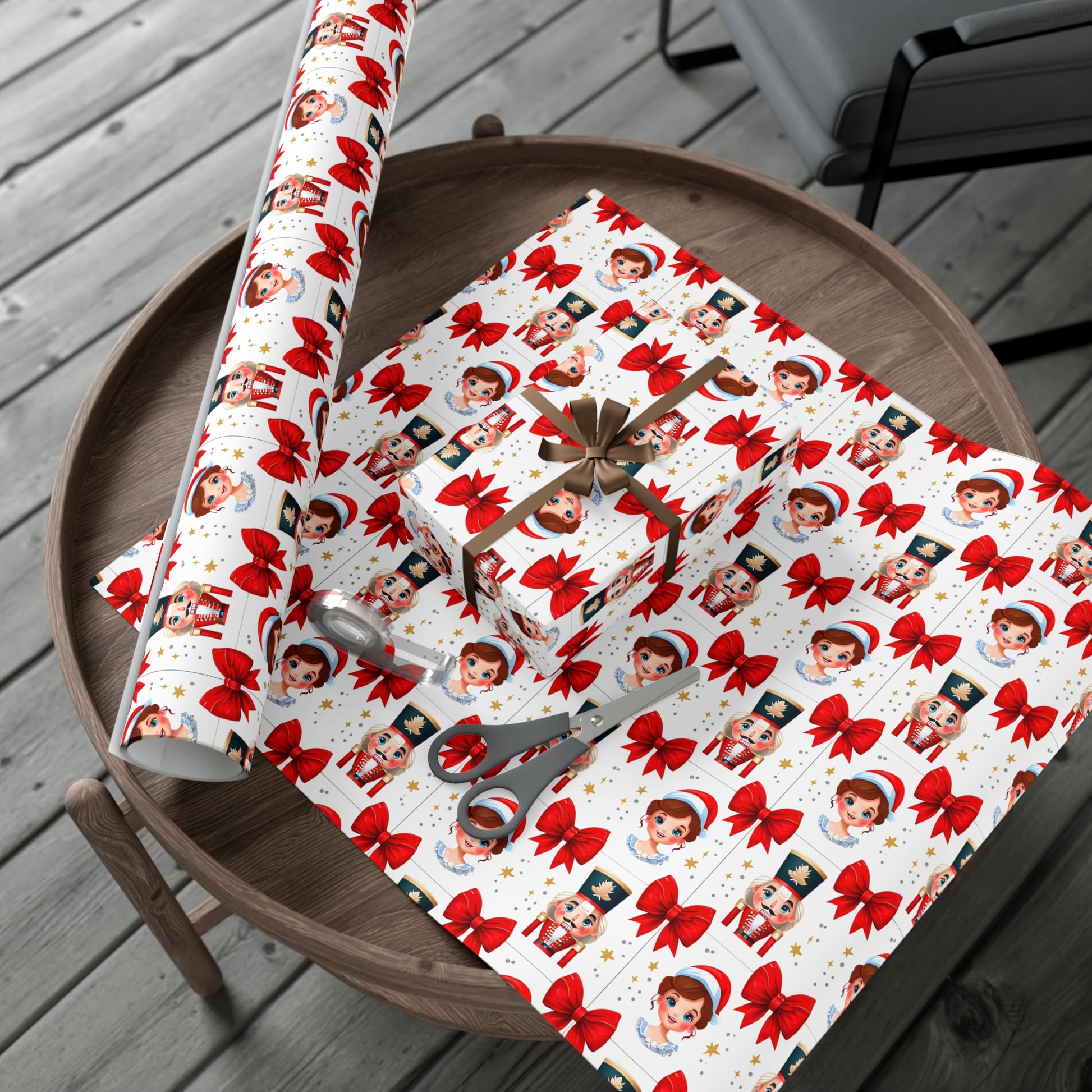 Wrapping Paper, Festive Cartoon Nutcracker And Clara Pattern With Bows - Gift Wrap Rolls, Eco-Friendly Gift Wrap, Holiday Season Wrapping