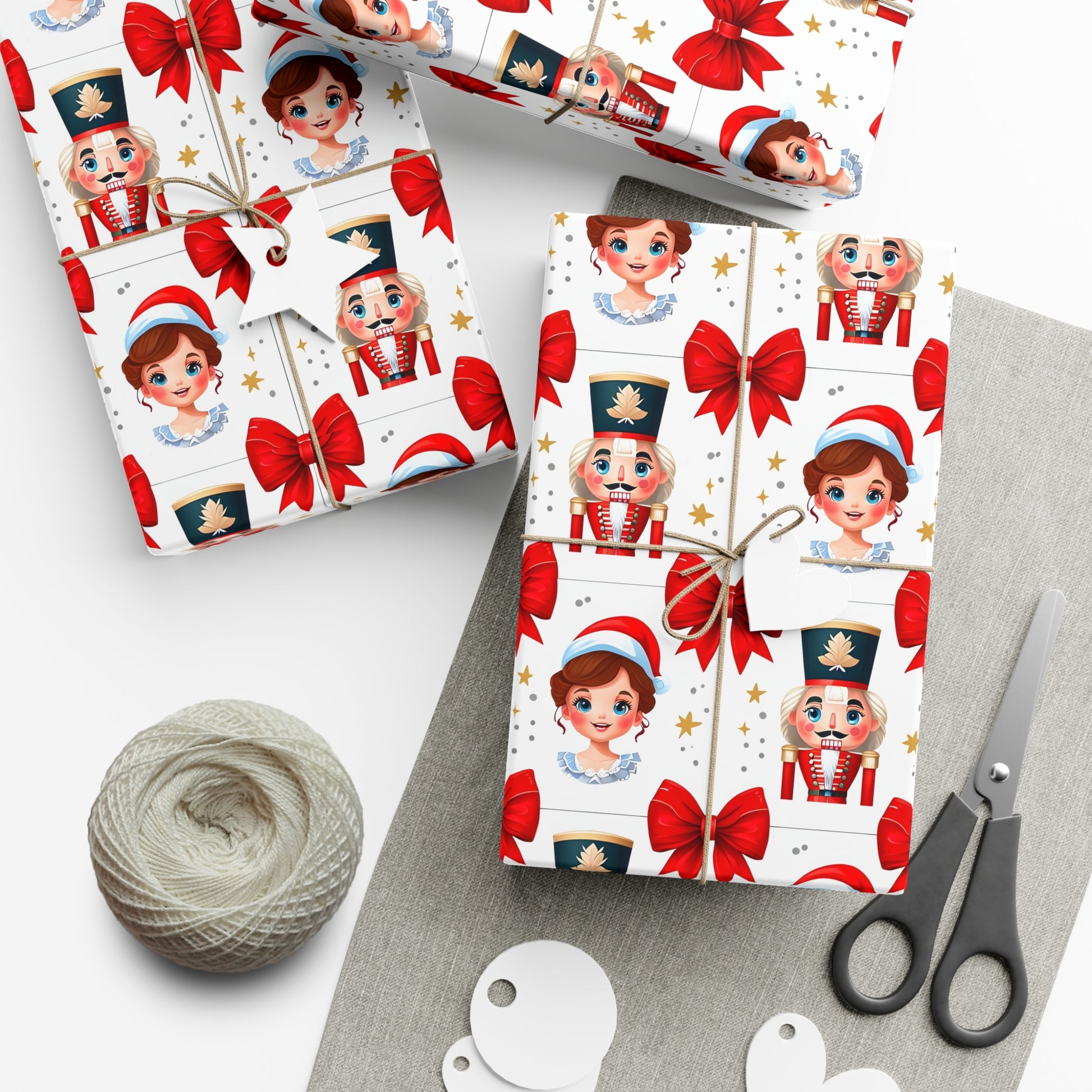 Wrapping Paper, Festive Cartoon Nutcracker And Clara Pattern With Bows - Gift Wrap Rolls, Eco-Friendly Gift Wrap, Holiday Season Wrapping