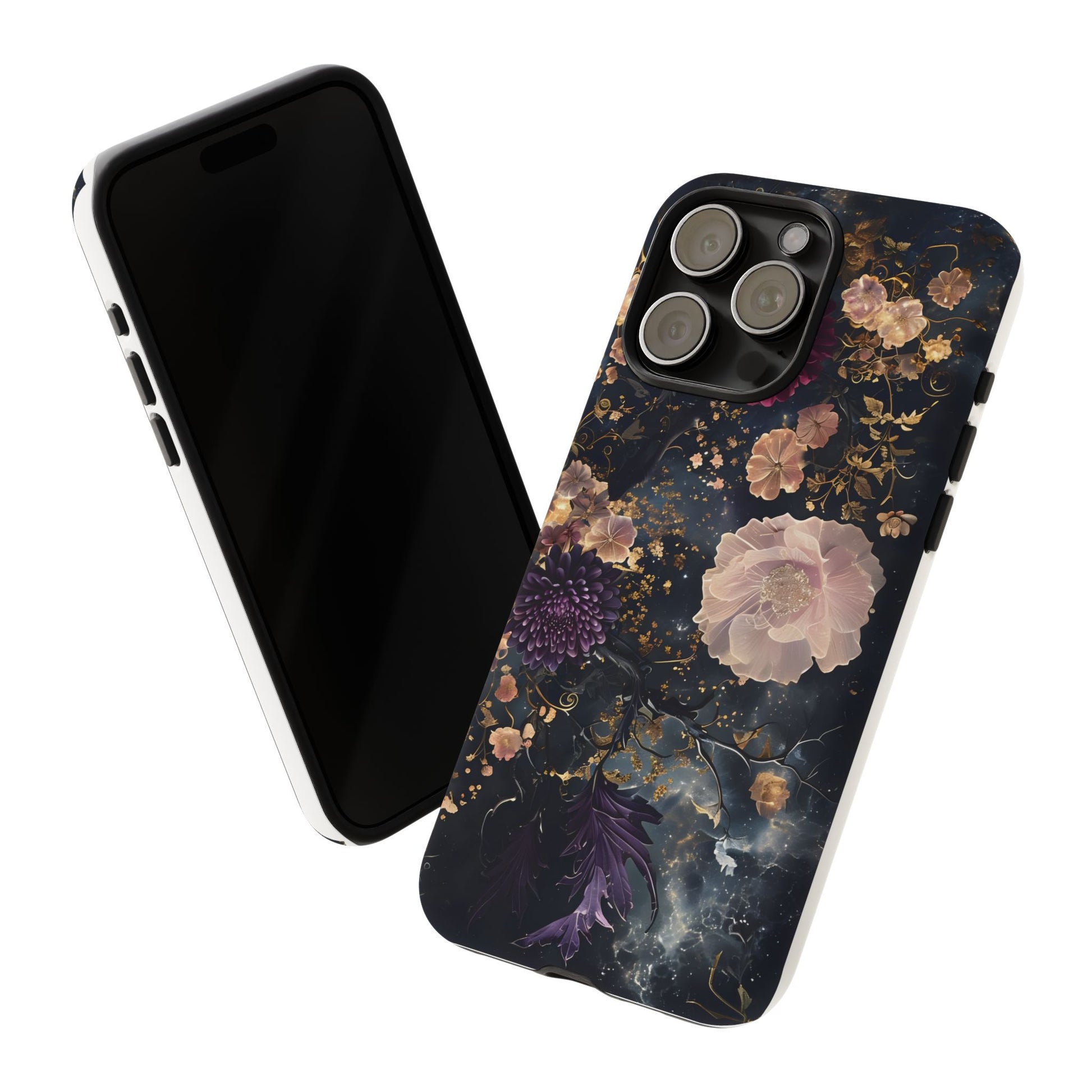 Phone Case, Whimsical Floral Pattern Against Cosmic Nebulous Background. Galaxy, Space, Tough Protective Cover, Unique Gift, Trendy