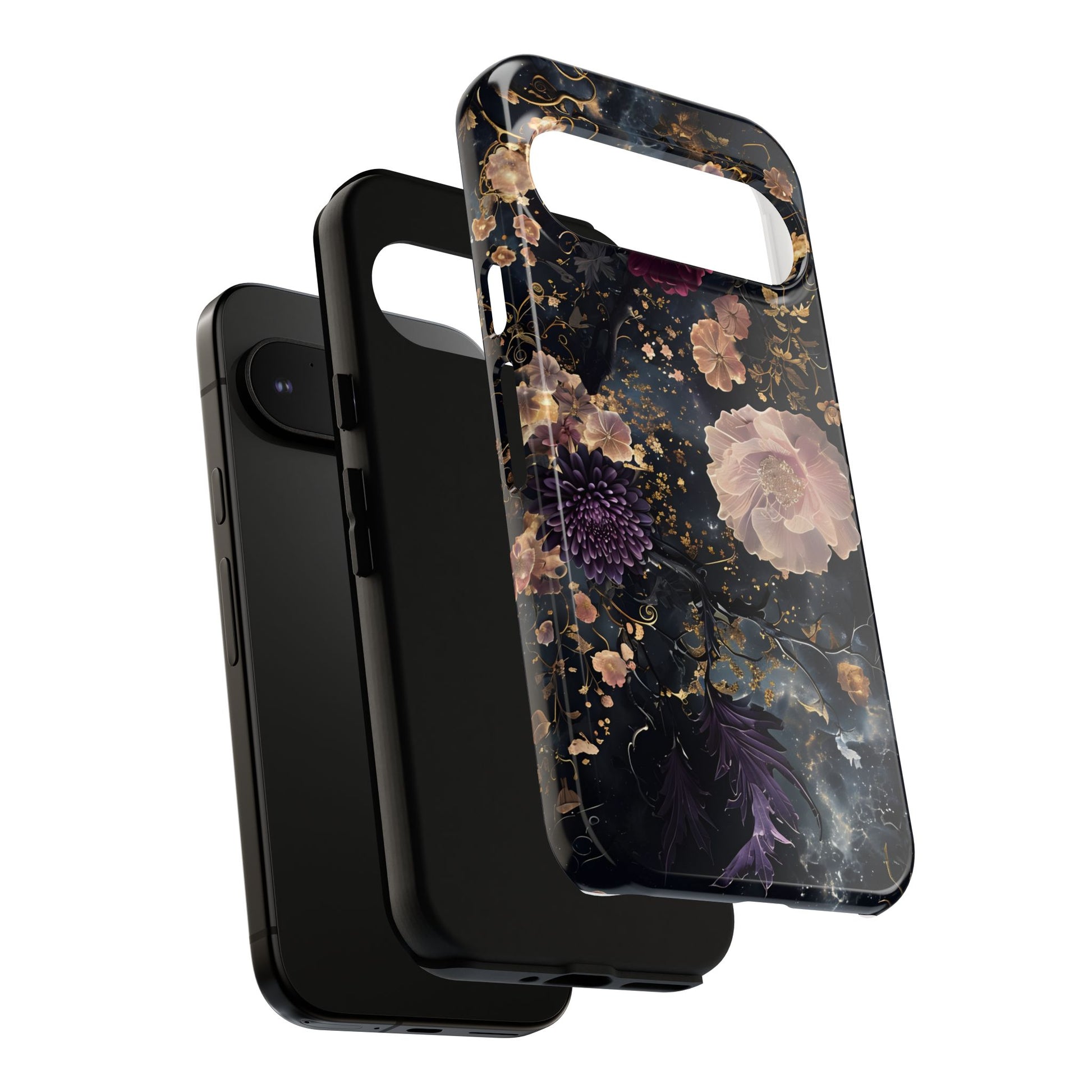 Phone Case, Whimsical Floral Pattern Against Cosmic Nebulous Background. Galaxy, Space, Tough Protective Cover, Unique Gift, Trendy