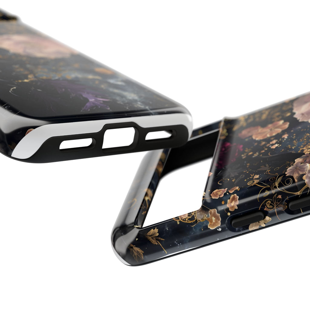 Phone Case, Whimsical Floral Pattern Against Cosmic Nebulous Background. Galaxy, Space, Tough Protective Cover, Unique Gift, Trendy