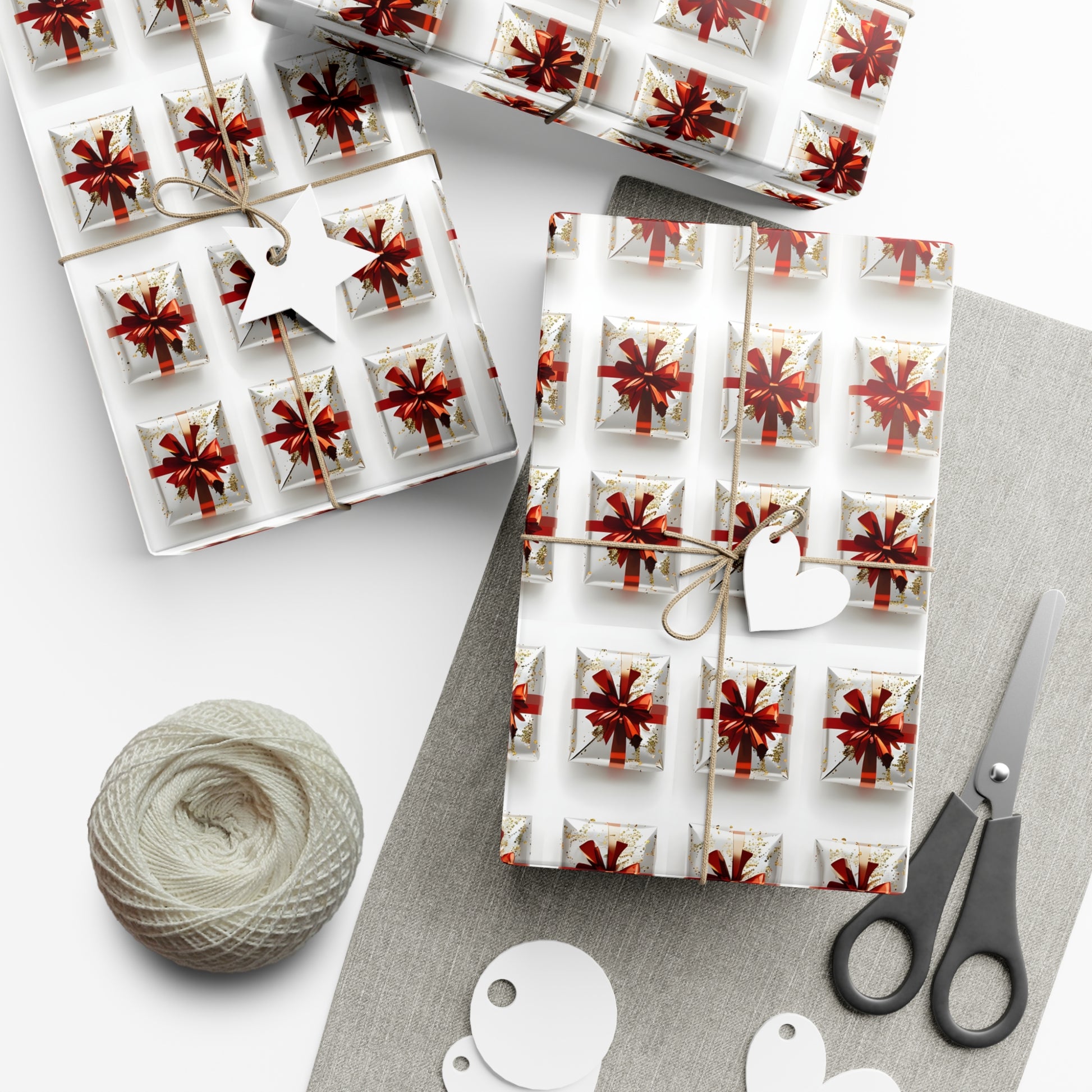 Wrapping Paper, Elegantly Wrapped Gifts On White Background with Red Bows - Gift Wrap Rolls, Eco-Friendly Gift Wrap, Holiday Season Wrapping