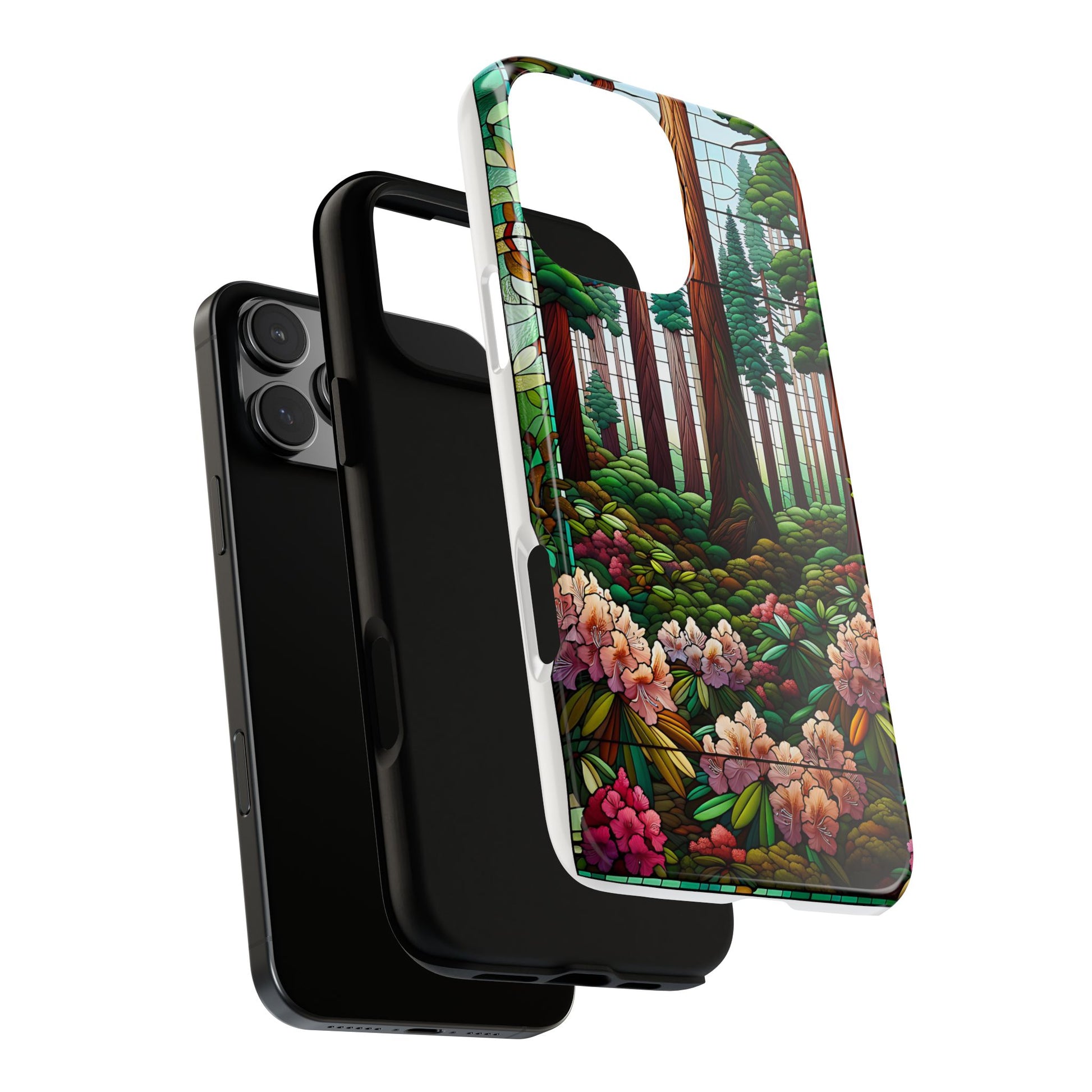 Nature Inspired Tough Cases - Redwood Trees & Rhododendrons Stained Glass iPhone Cover, Protective Phone Shell, Unique Samsung Galaxy Case,