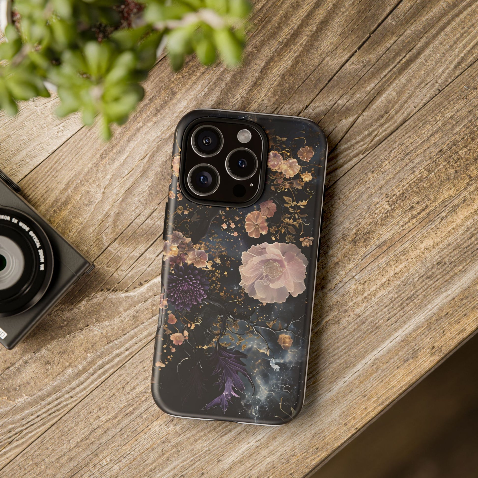 Phone Case, Whimsical Floral Pattern Against Cosmic Nebulous Background. Galaxy, Space, Tough Protective Cover, Unique Gift, Trendy