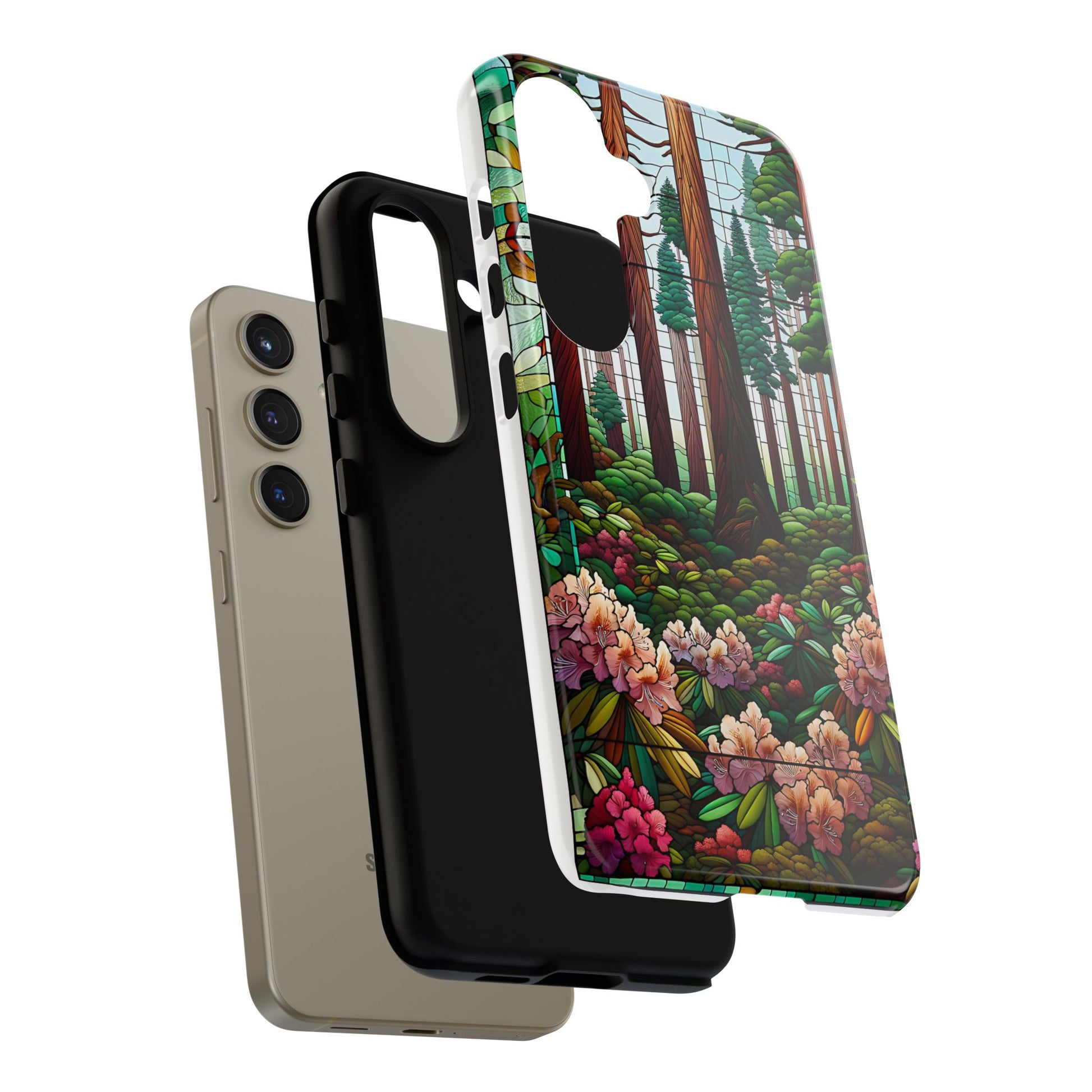 Nature Inspired Tough Cases - Redwood Trees & Rhododendrons Stained Glass iPhone Cover, Protective Phone Shell, Unique Samsung Galaxy Case,